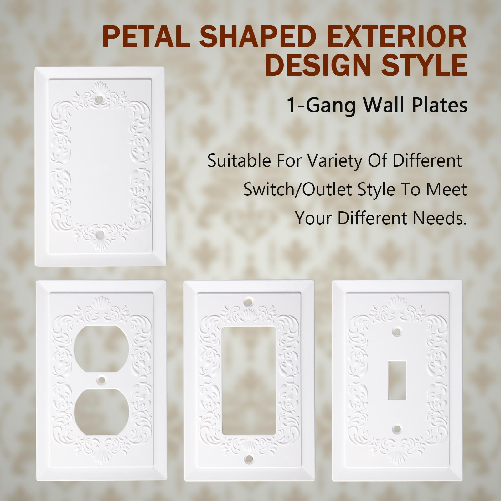 Petal Relief Design White Modern Decorative Outlet Covers & Light Switch Plates - Classic Style Duplex Receptacle Wall Plates, 4.9 x 3.1 Inch (10-Pack) - Perfect for Living Room, Bedroom & Office Decor
