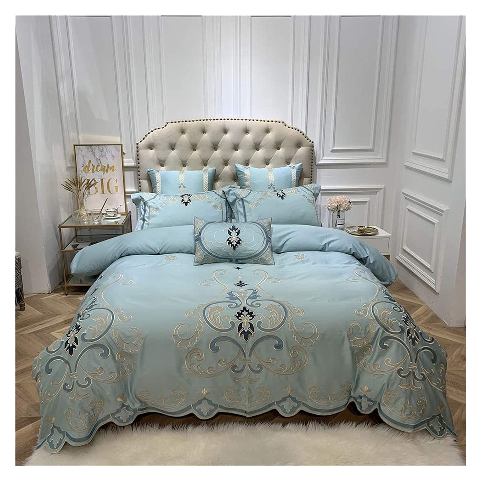 Premium Jacquard Embroidered Queen Size Bedding Set - 5 Piece Duvet Cover Set with 1 Duvet Cover, 1 Flat Sheet, 2 Pillowcases & 1 Decorative Pillow for Home, Hotel or Guest Room - Luxury Bed Sheets for Master Bedroom & Airbnb Accommodations