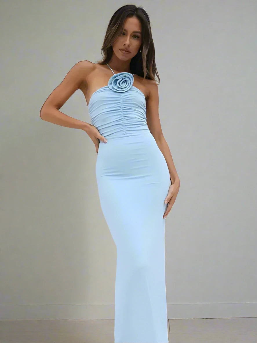 Elegant Backless 3D Floral Applique Long Evening Dress for Women - Blue & Black Summer Party Gown | Perfect for Formal Events, Weddings & Prom Nights