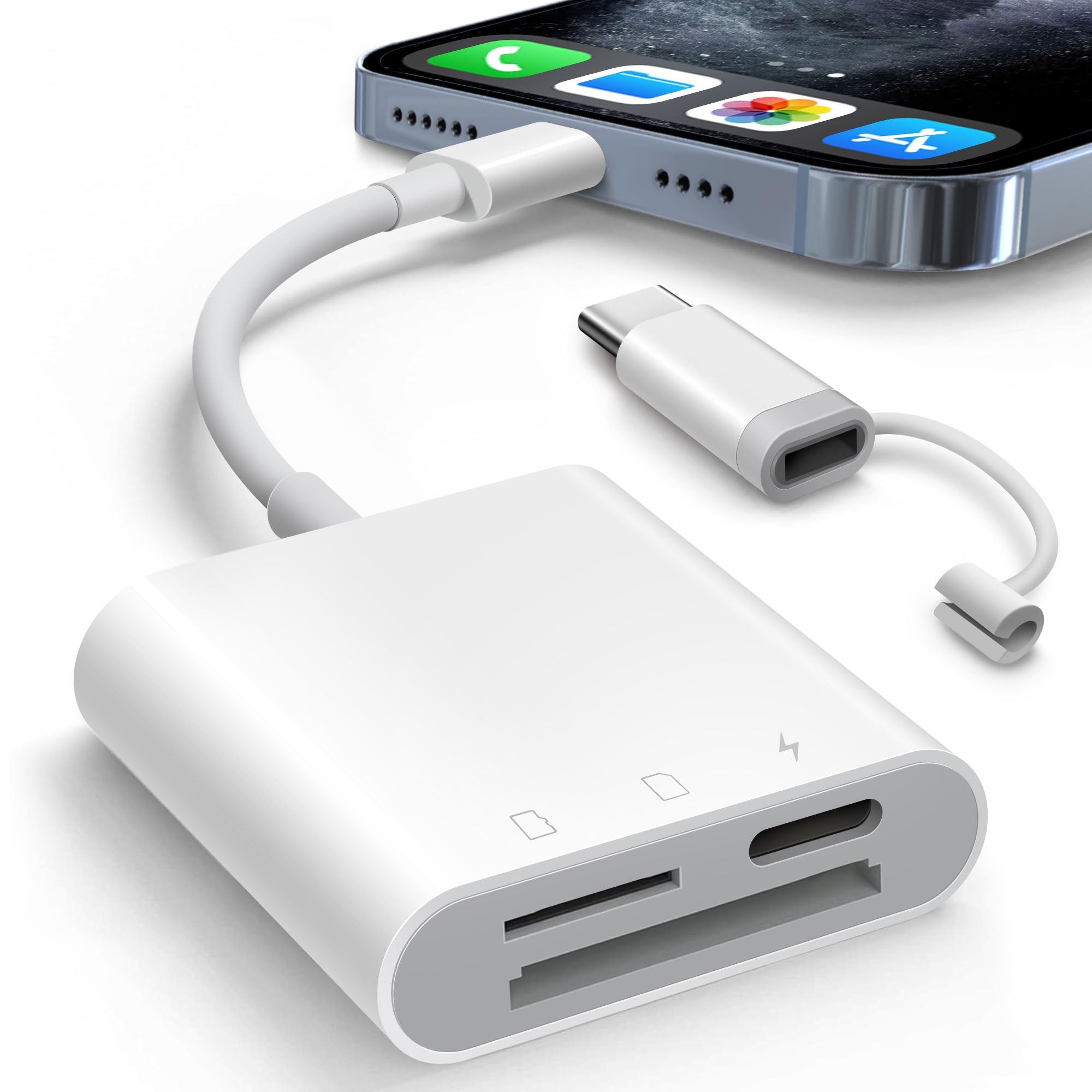 **AkHolz 2-in-1 SD Card Reader for iPhone & iPad - Lightning to USB/SD Adapter for DSLR, Dash Cam, Trail Camera - Portable, No App Needed - Perfect for Travel, Photography & Data Transfer**