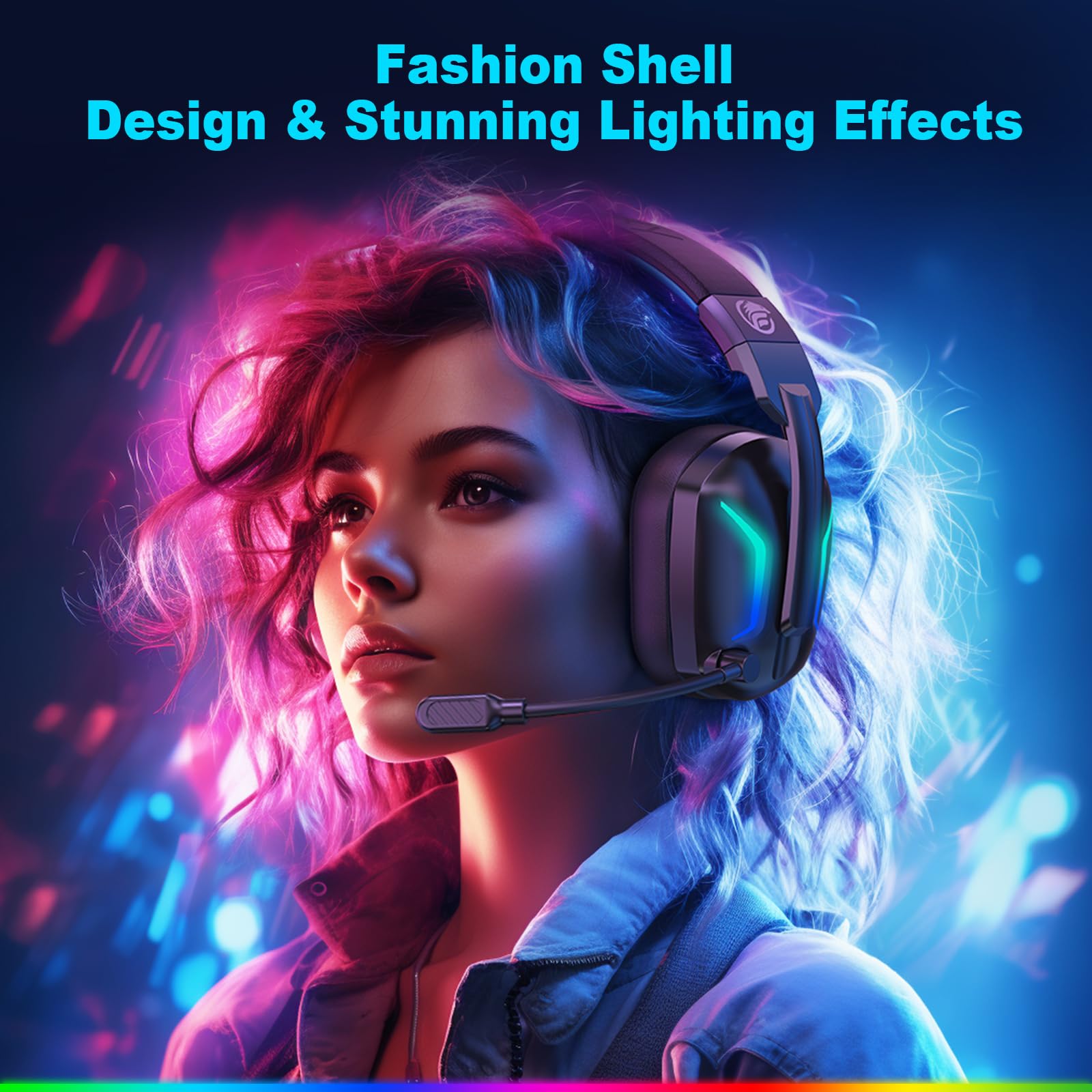 Wireless Gaming Headset with Microphone - Bluetooth Over-Ear Headphones for PC, PS5, PS4, Switch, Laptop, Mobile & Mac | 50Hr Fast Charge Battery, Cool LED Lights, 2.4GHz Low Latency | Perfect for Online Gaming, Streaming & Work from Home