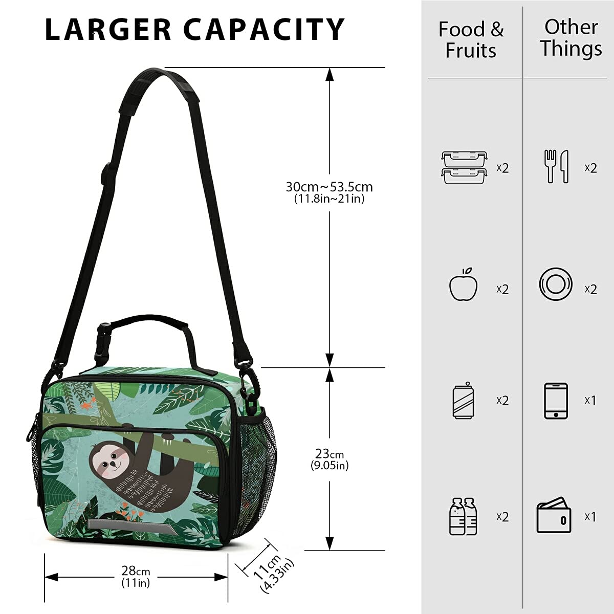Insulated Sloth & Tropical Leaves Lunch Box for Kids - Adjustable Shoulder Strap, Leak-Proof School Lunch Bag for Boys & Girls - Perfect for School, Picnics & Outdoor Adventures