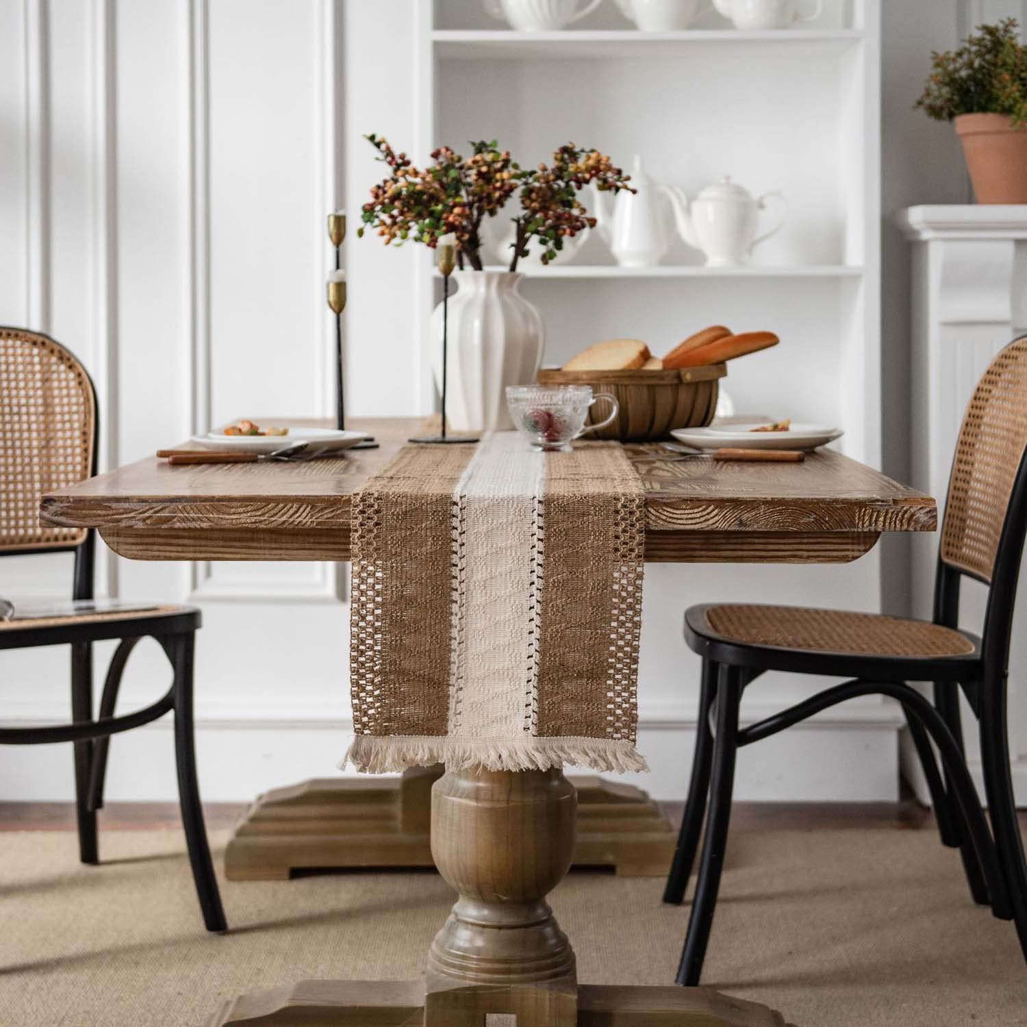 Boho Table Runner with Tassels - 2 Pack Macrame Burlap Cotton Table Runners for Fall Wedding, Party, Modern Farmhouse Kitchen & Dining Table Decor - Perfect for Thanksgiving, Christmas, and Rustic Home Decor
