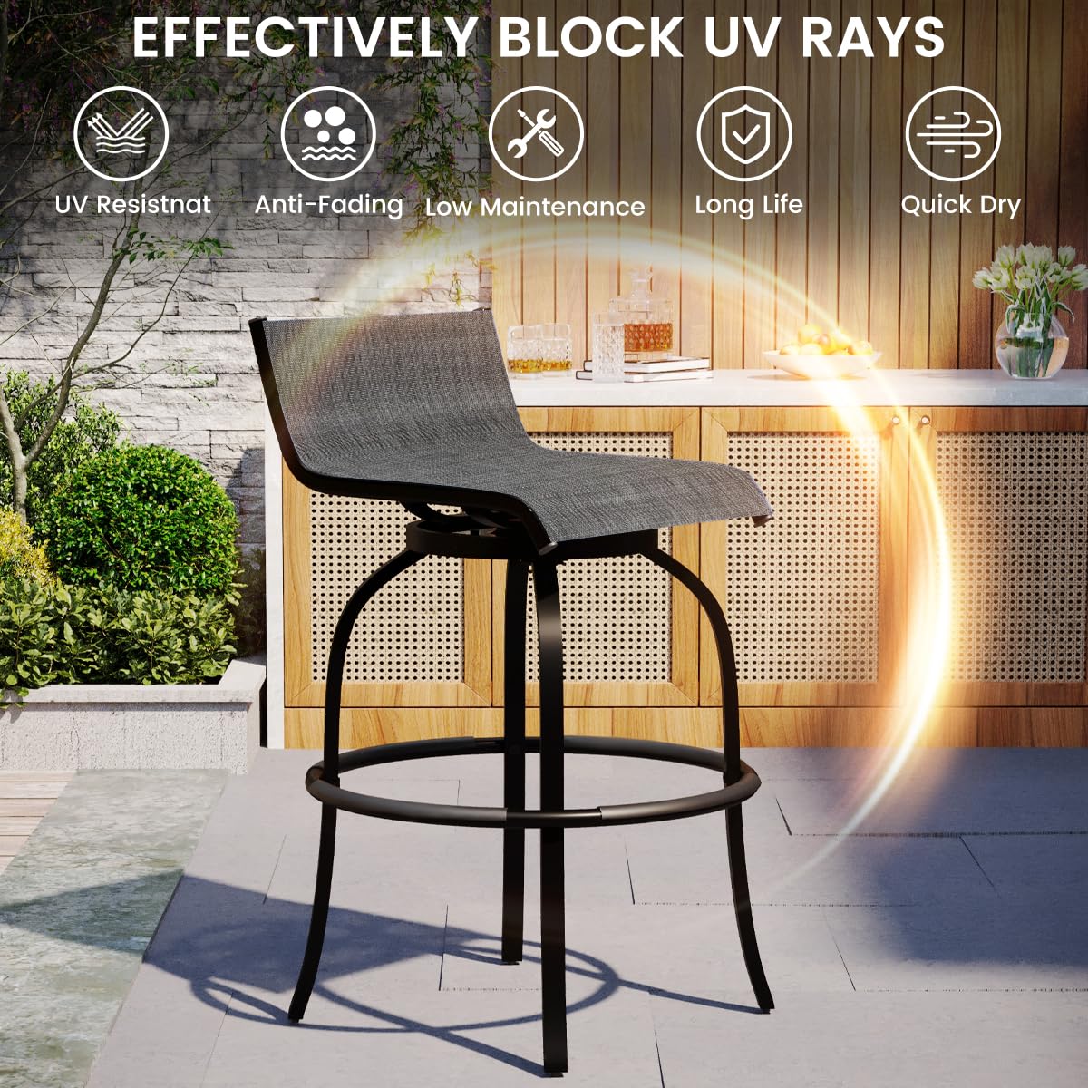 Sundale Outdoor Swivel Bar Stools Set of 4 - 32 Inch Height Patio Chairs with Back, Textilene Fabric Barstools for Porch, Deck, Yard - Perfect for Outdoor Dining, BBQ, and Poolside Relaxation (Gray)