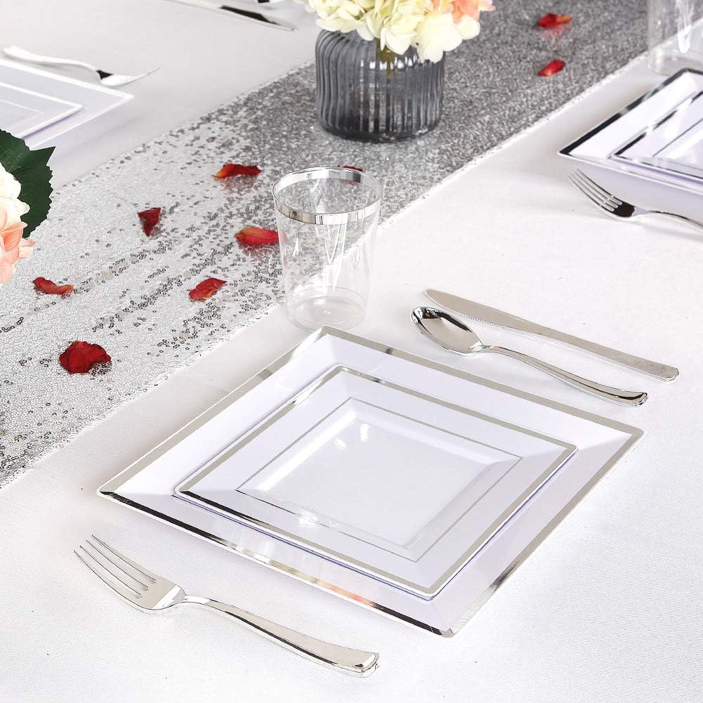 50-Pack Silver Plastic Plates with Disposable Cutlery Set - Square Dinner Plates, Silver Plastic Cups & Utensils for Wedding, Party, Banquet & Catering Events - Elegant Disposable Tableware for Easy Cleanup