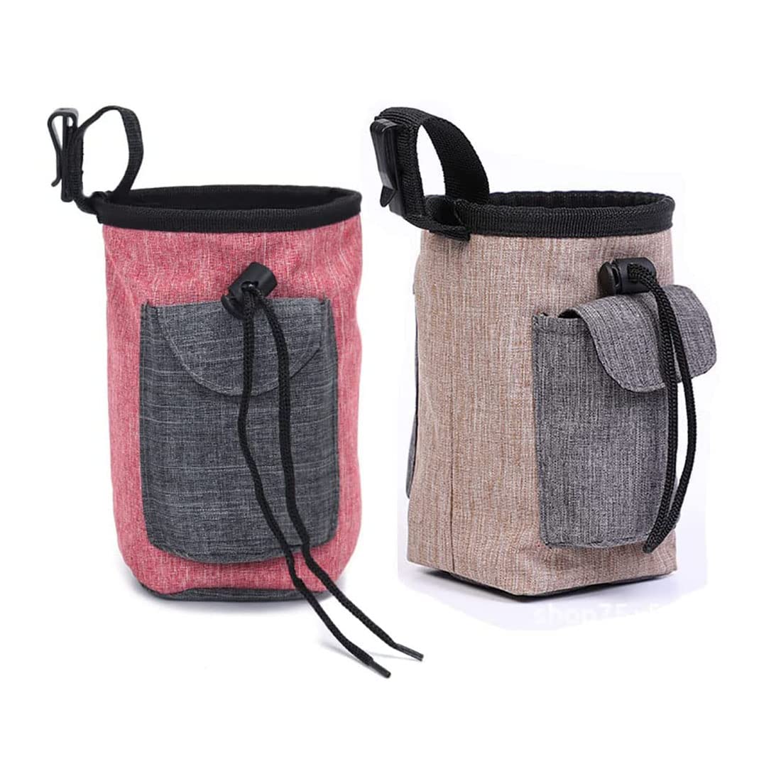 Enrunnig Dog Treat Training Pouch - 3-Way Adjustable Waist/Shoulder/Belt Bag for Dogs - Holds Pet Toys, Kibble & Treats - Built-in Poop Bag Dispenser - 2 Pack (Pink + Brown) - Perfect for Dog Walking, Training & Outdoor Adventures