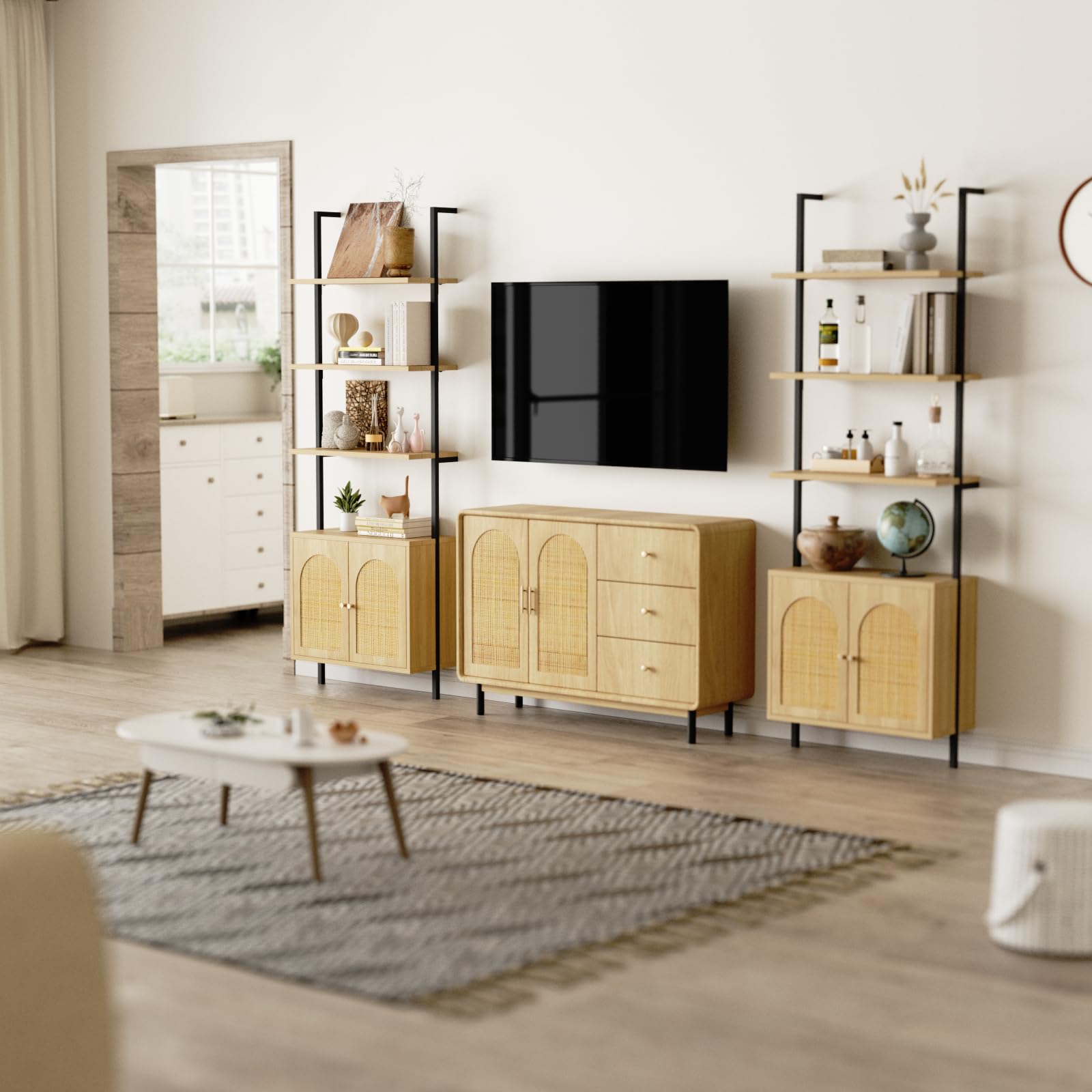 3-Tier Ladder Bookshelf with Rattan Cabinet - Space-Saving Storage for Home Office & Bedroom