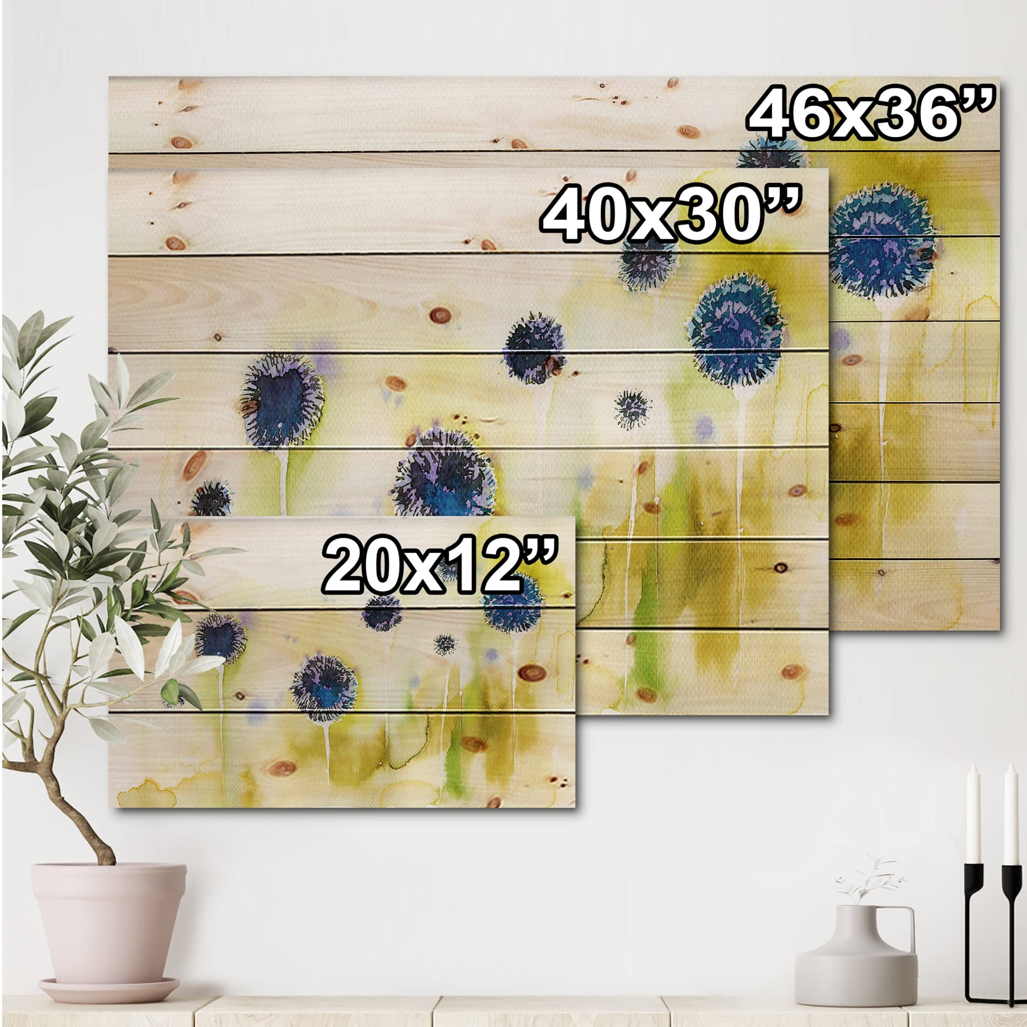 DesignQ Blue Flowers In The Meadow Traditional Wood Wall Decor - Yellow Floral Wood Wall Art Panel, Large Pine Wood Wall Hanging for Living Room, Bedroom & Office Decor
