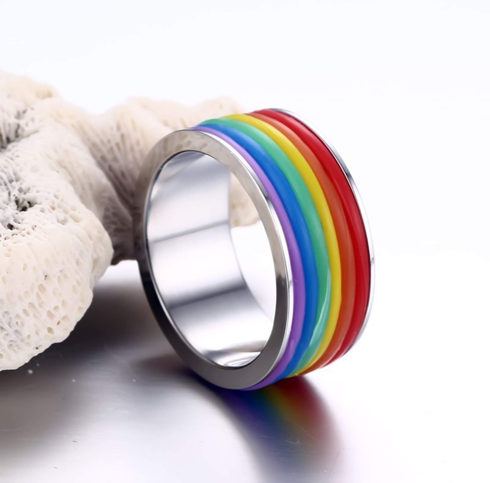 Beydodo LGBT Pride Rings for Men - Stainless Steel Wedding Band with Silicone Rainbow Stripes, Sizes 6-13 - Perfect for LGBTQ+ Pride Events, Weddings & Everyday Wear