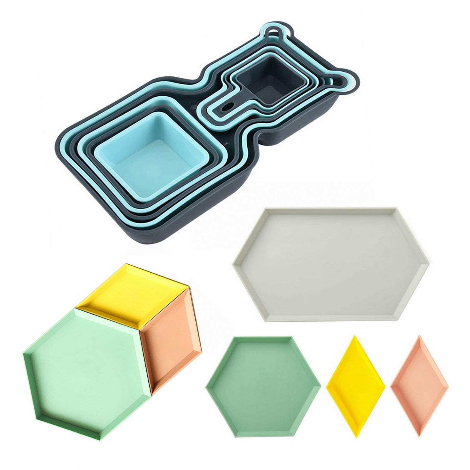 Arestle 10-Piece Stackable Plastic Fruit Containers & 4-Piece Geometric Serving Trays - Food Storage for Camping, Picnics, Parties | Jewelry Organizer & Desk Tray Set (14-Piece) | Perfect for Outdoor Dining, Home Organization & Party Serving