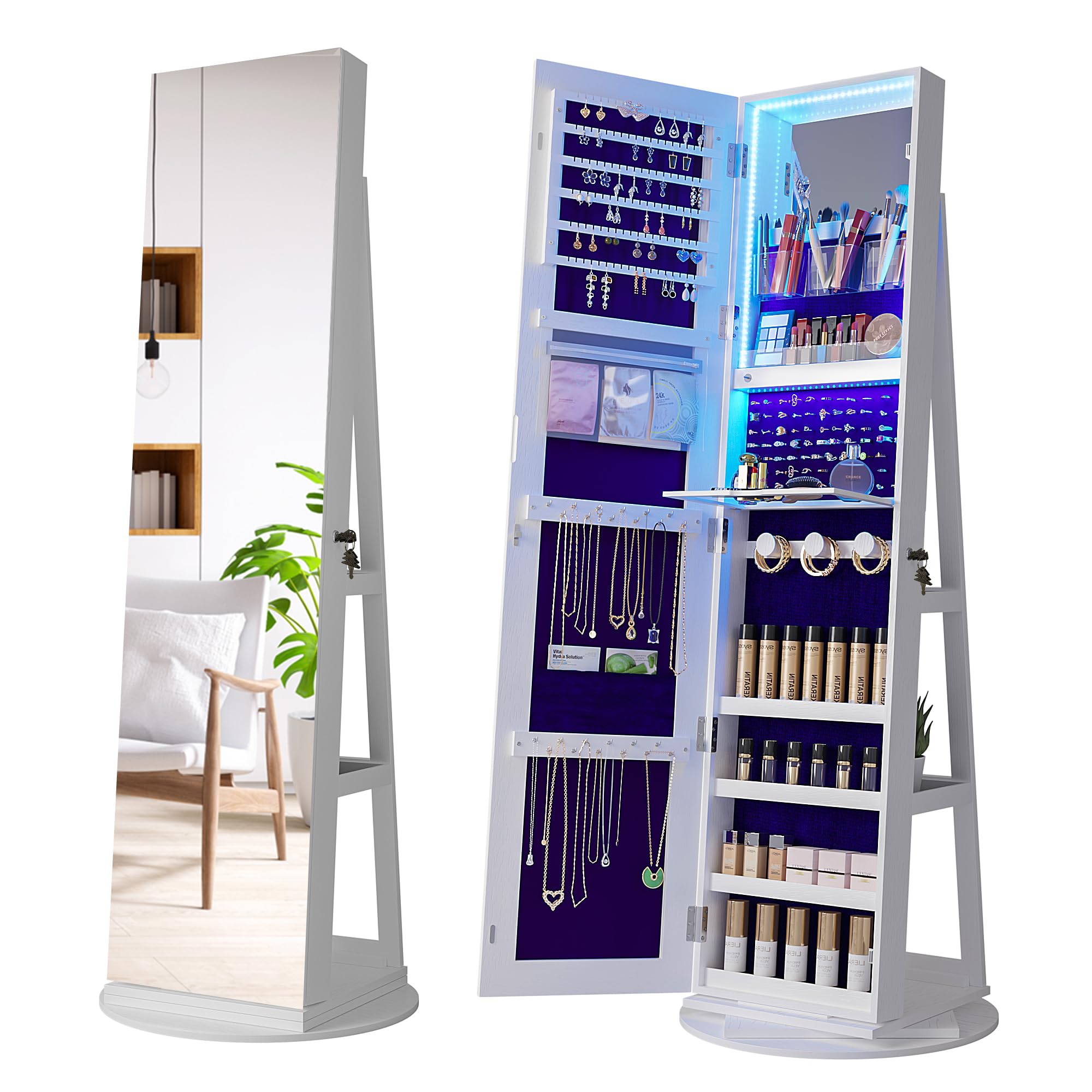 360° Swivel Jewelry Cabinet Organizer with LED Lights & Full-Length Mirror - Lockable Standing Jewelry Armoire with Makeup Mirror & Storage (White) - Perfect for Bedroom, Closet & Dressing Room Organization