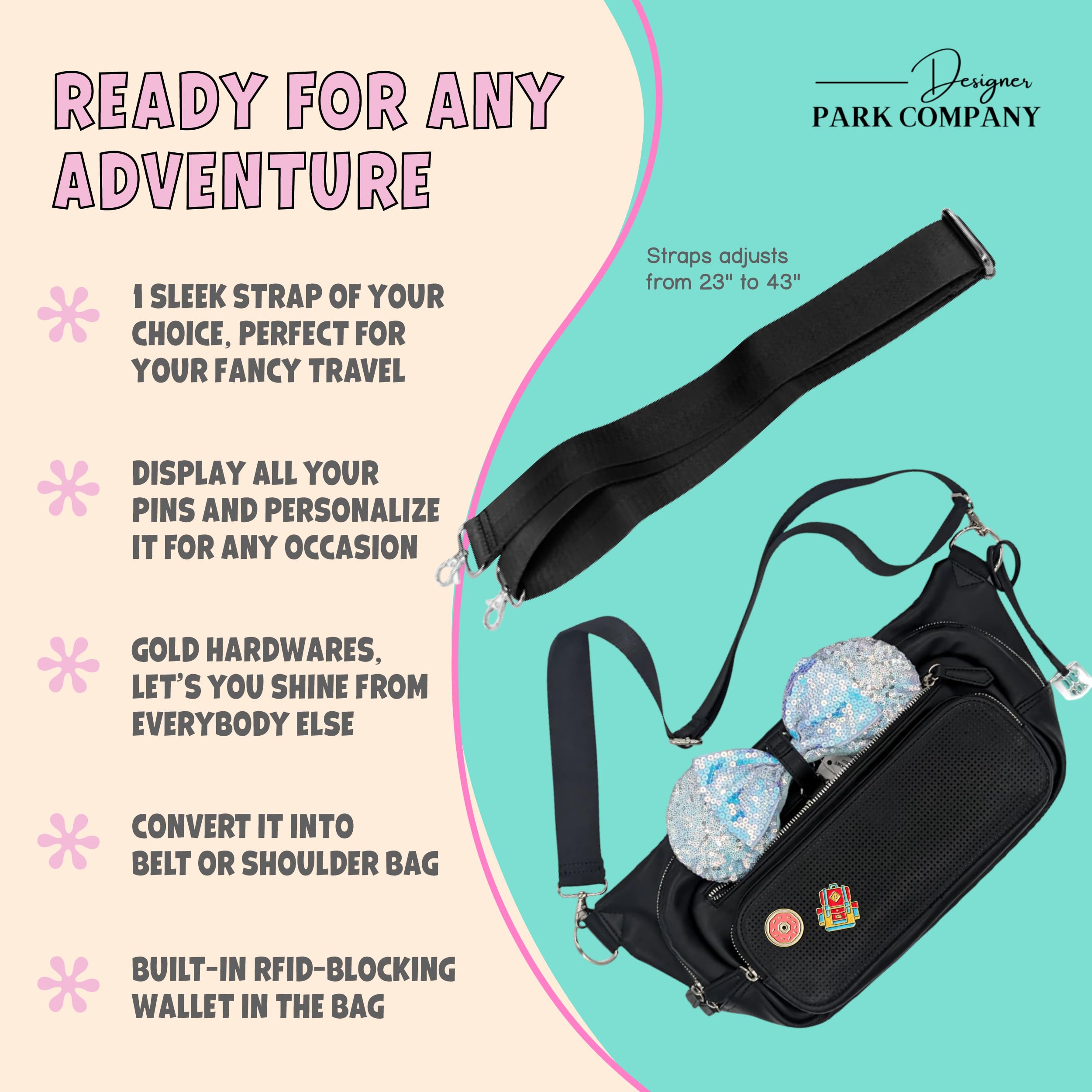 Designer Park Company - Women's Leather Crossbody Bag with Adjustable Strap & Locking Pins, Single Rider Belt Bag, Fanny Pack for Theme Parks, Travel Essentials - Midnight Black | Perfect for Amusement Parks, Concerts & Daily Commute
