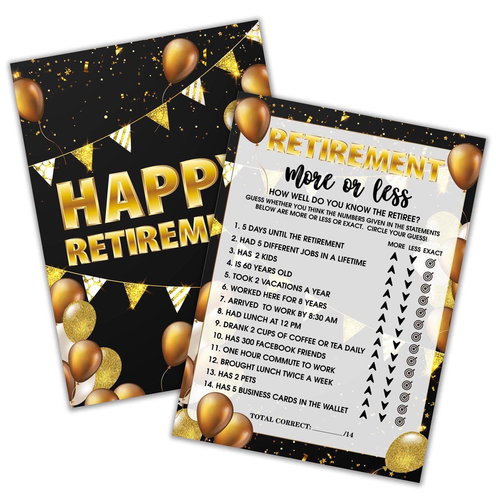 Fun Retirement Party Games Set - 30 More or Less Game Cards for Retirement Celebrations - Perfect for Decorations, Favors & Supplies - Great for Office Parties, Family Gatherings & Retirement Events