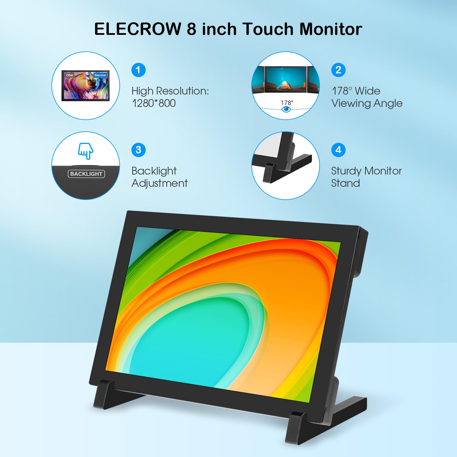 8 Inch 1280×800 Touch Screen Monitor for Raspberry Pi 5/4, PC & Laptop - ELECROW Portable HDMI Display for DIY Projects, Gaming & Programming