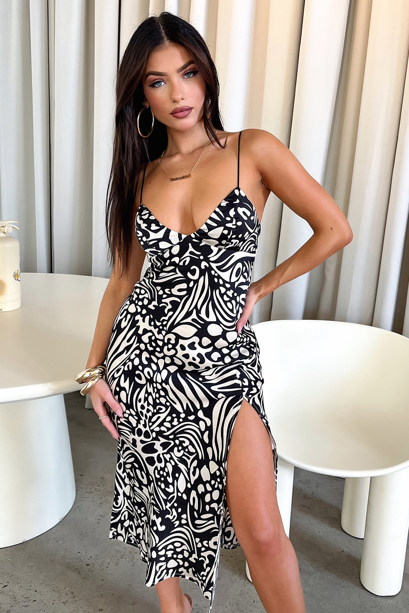 Jennifer Satin Midi Dress - Elegant Black & White Floral Print for Women | Perfect for Cocktail Parties, Date Nights & Special Occasions
