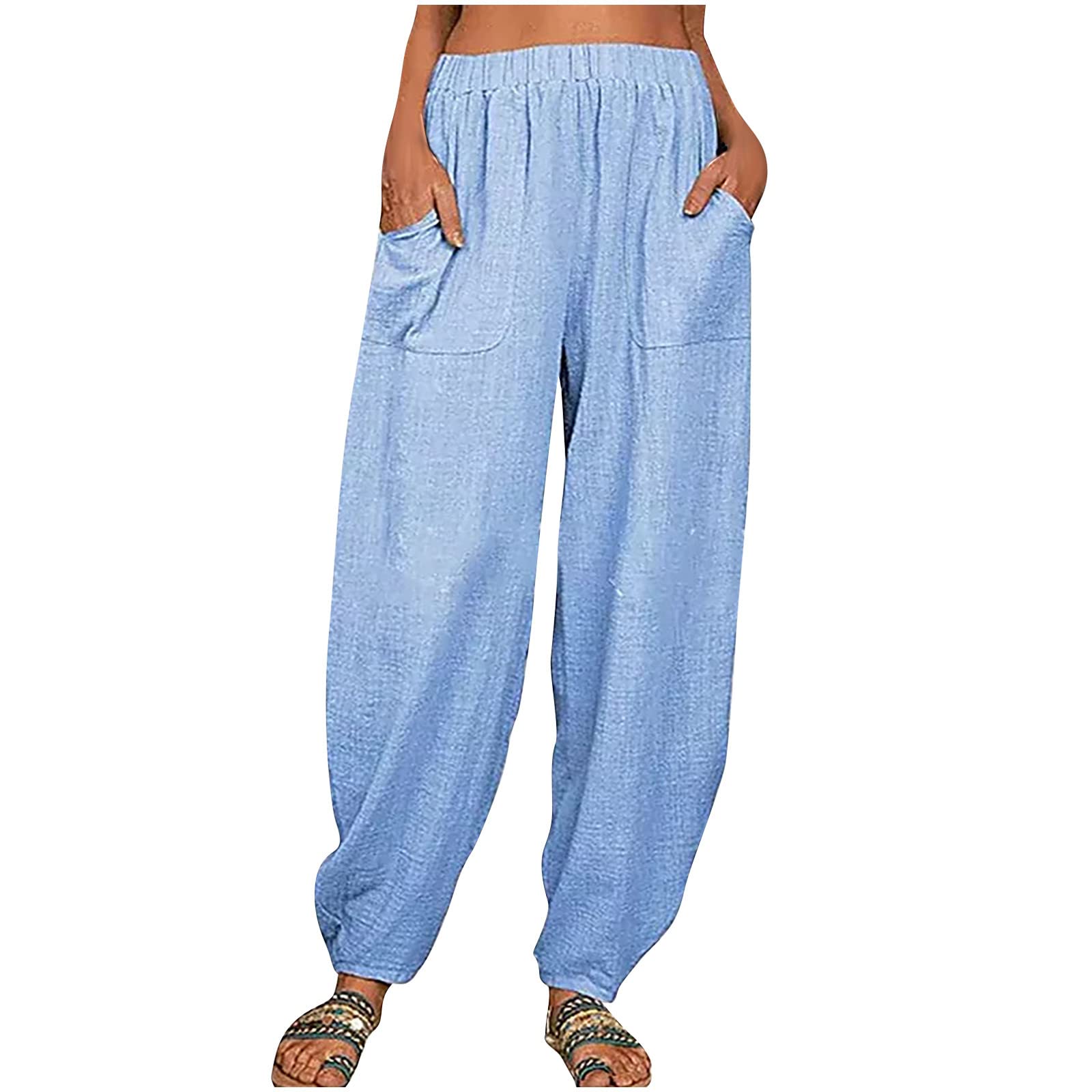 JOAU Women's Linen Pants - Wide Leg Baggy Trousers with Elastic Waist, Boho Yoga & Casual Harem Pants with Pockets | Perfect for Summer, Beach, Travel & Lounge Wear