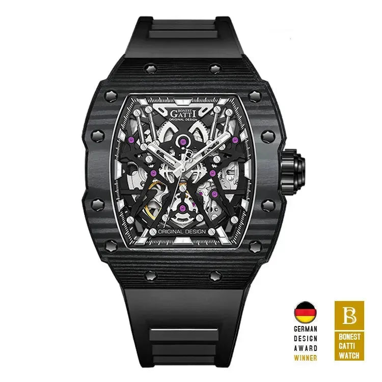 BONEST GATTI Men's Luxury Automatic Mechanical Watch - Luminous Carbon Fiber Bezel, Titanium Tonneau Case, Fluororubber Strap - Perfect for Business, Formal Events & Everyday Wear