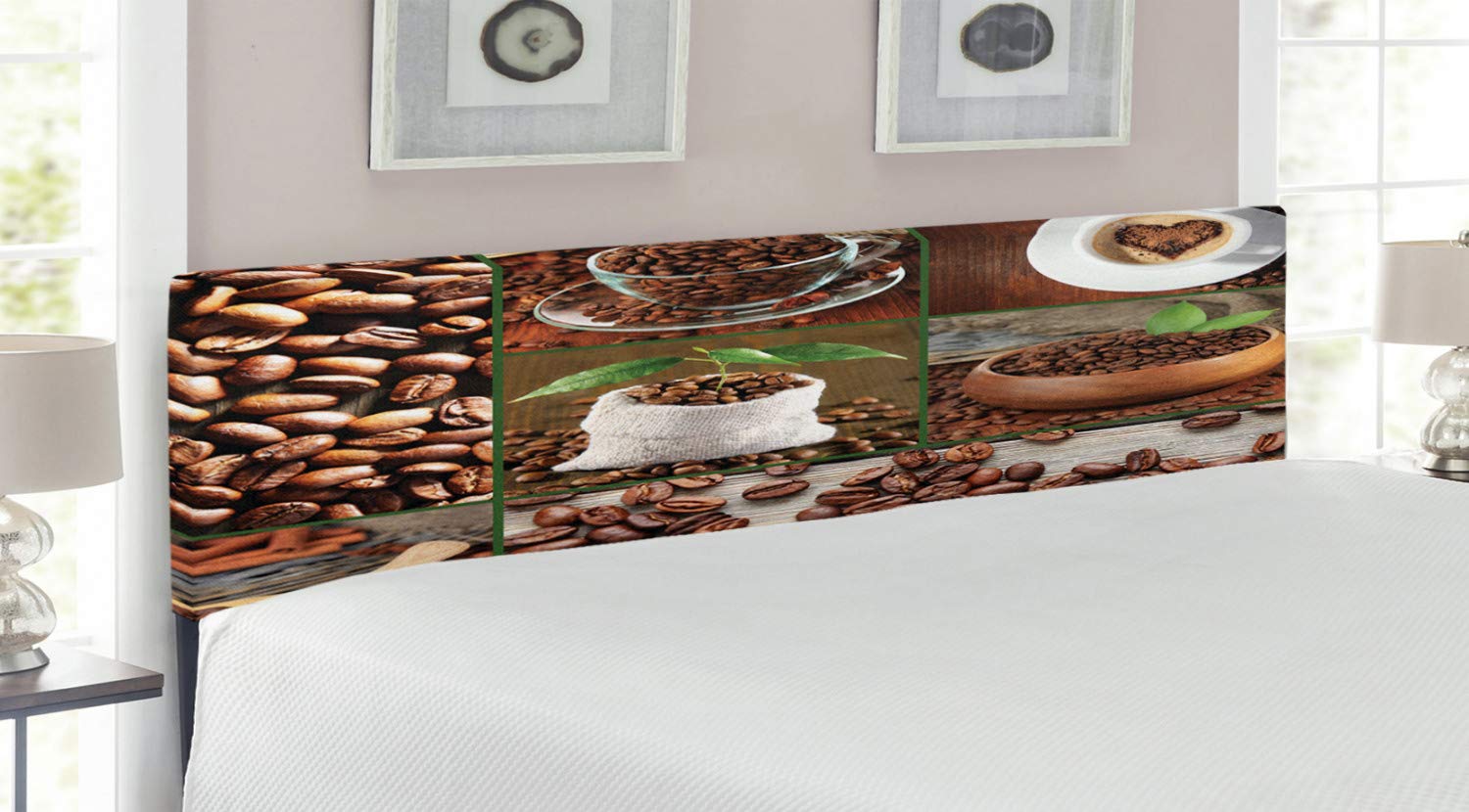 Ambesonne King Size Upholstered Headboard - Brown & Green Coffee Beans Design with Memory Foam | Decorative Metal Bed Frame Headboard for Bedroom | Perfect for Modern, Farmhouse & Rustic Home Decor