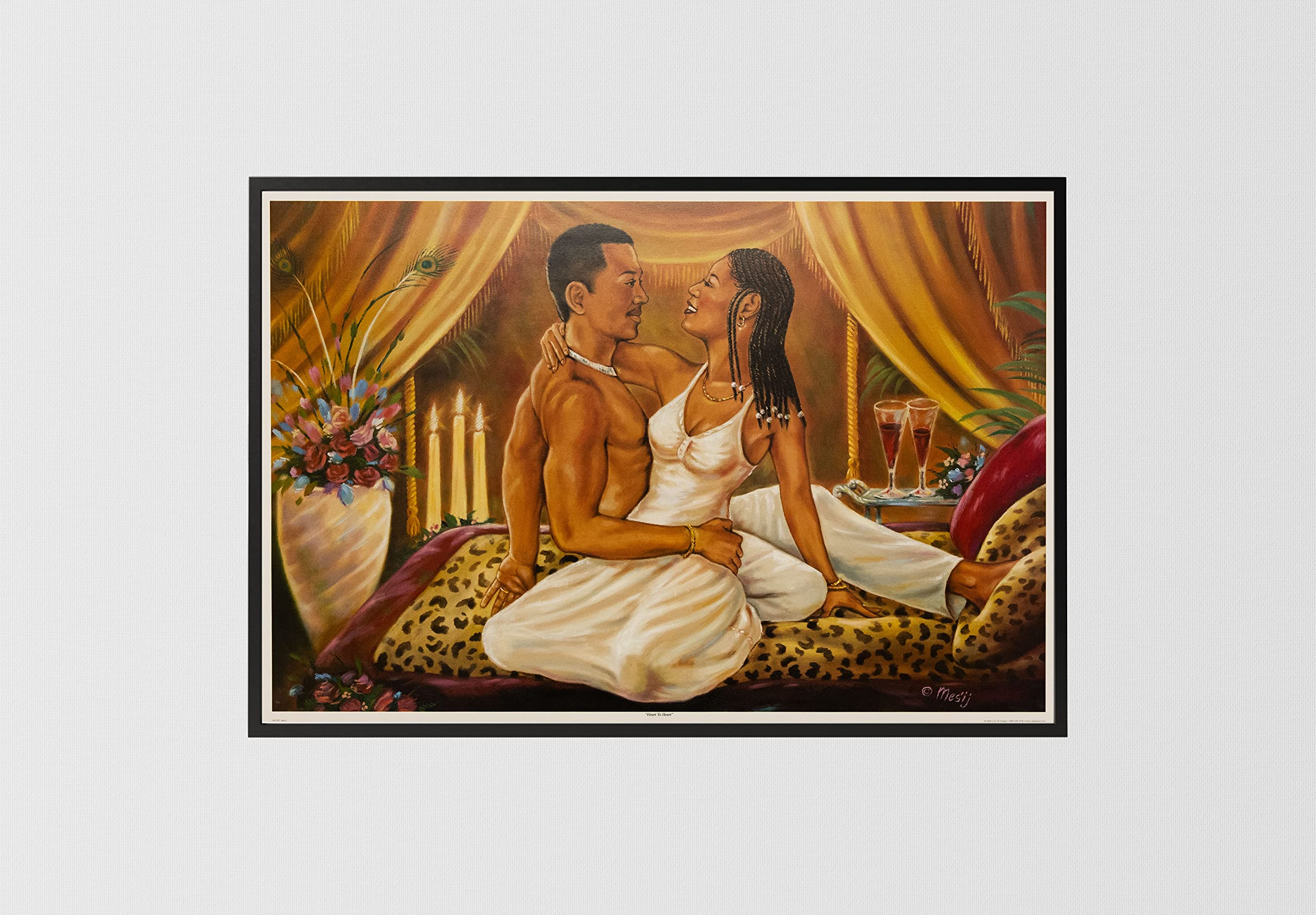 Mesij 24x36 Black Framed African American Couples Art Print - Romantic Heart to Heart Wall Decor Poster for Bedroom & Living Room - Black Art Home Decor for Couples Gift