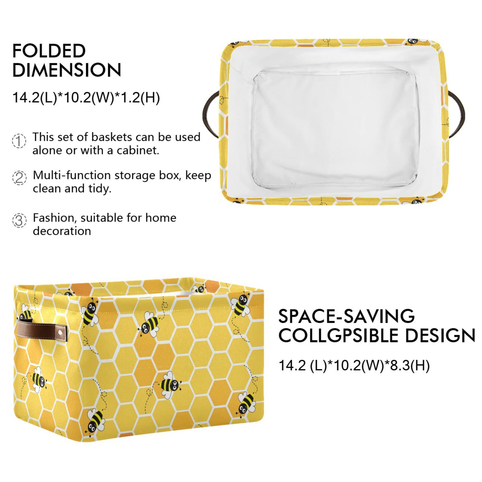 Honey Bee Collapsible Storage Basket with Leather Handles - Foldable Rectangular Storage Bin for Home, Nursery, Car & Office Organization | Space-Saving Home Decor & Toy Storage Solution