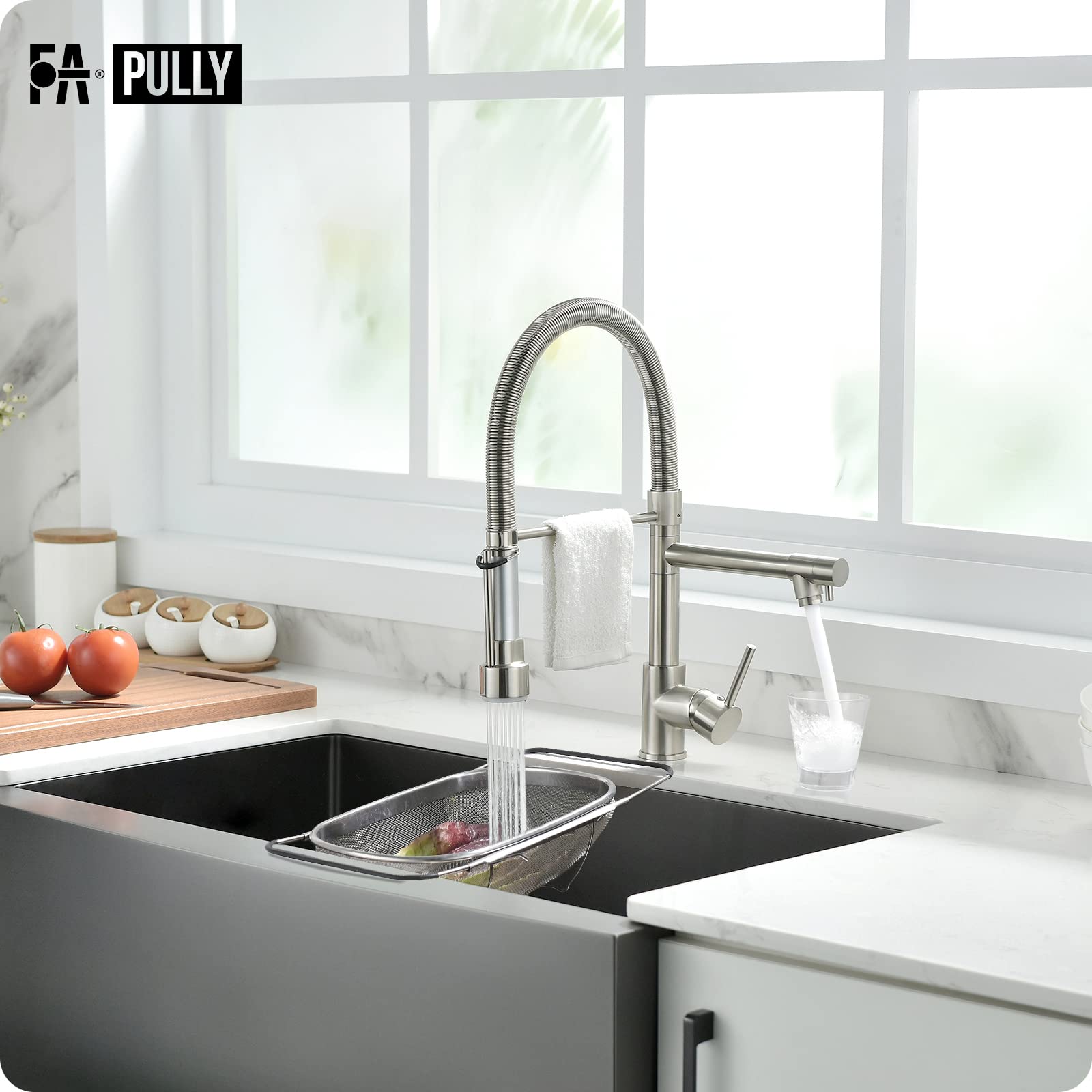Fapully Pull Down Kitchen Faucet with Lock Sprayer - Single Handle Spring Stainless Steel Sink Faucet in Brushed Nickel | Ideal for Modern Kitchens, Restaurants & RV Use