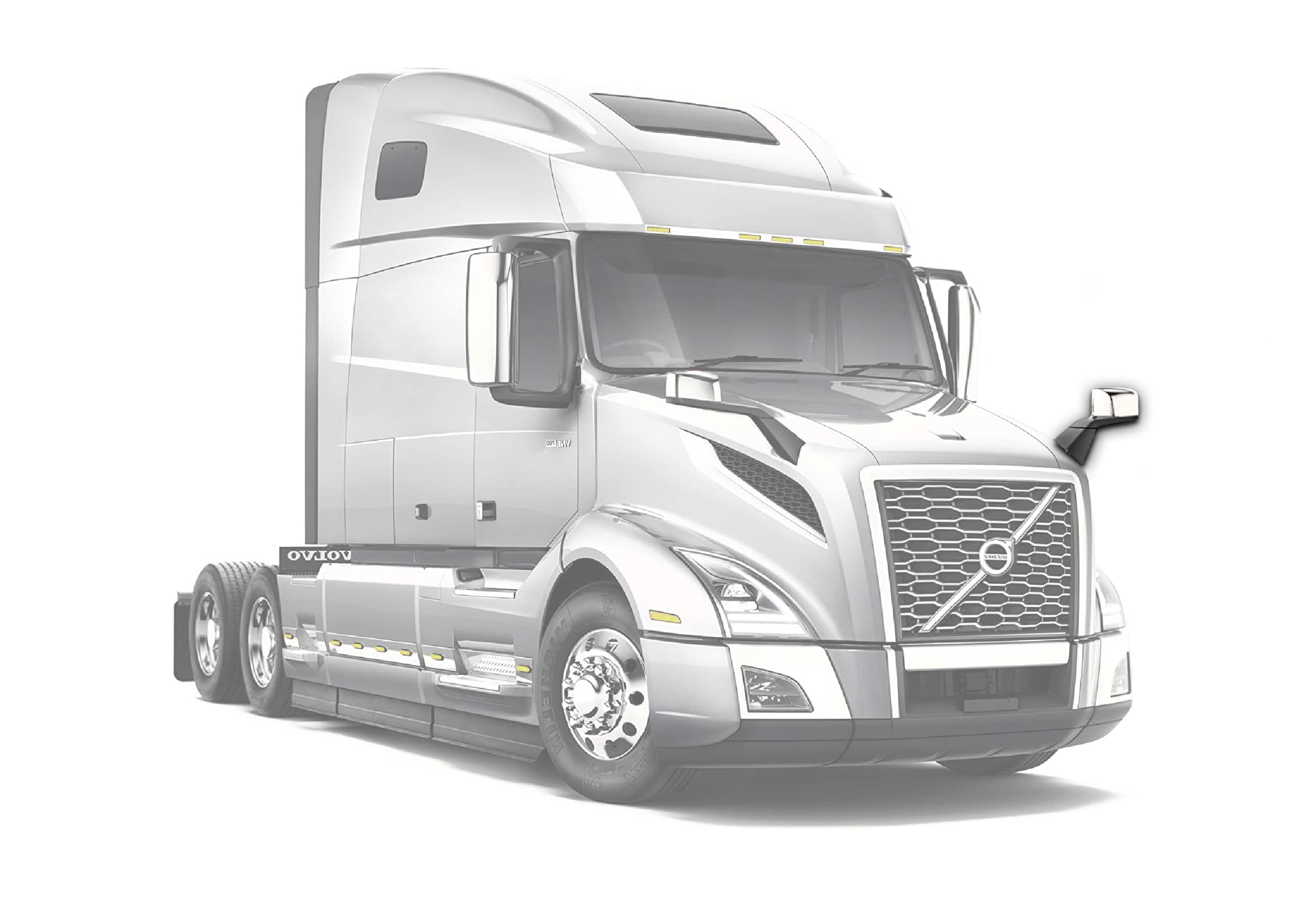 Heated Chrome Mirror & Bumper Trim Kit for Volvo VNL 2018+ - Left Driver Side Hood Mirror, Center Bumper Pair, 2 Wipers, License Plate Frame & Vest - Perfect for Long Haul Trucking & Winter Driving