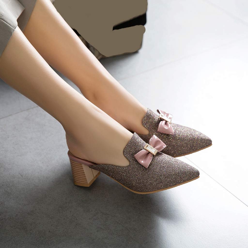 Mioke Women's Pointed Toe Bow Mules - Slip On Loafers with Glitter Backless Design, Low Block Heel Dress Shoes for Casual Wear, Office & Party Occasions