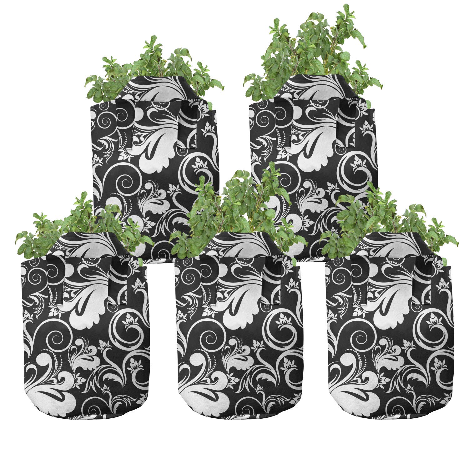 Lunarable 7 Gallon Flower Grow Bags 5-Pack - Heavy Duty Fabric Pots with Handles for Plants, Black & White Foliage with Curlicue Spiral Design - Perfect for Indoor/Outdoor Gardening, Vegetables, Herbs & Flowers