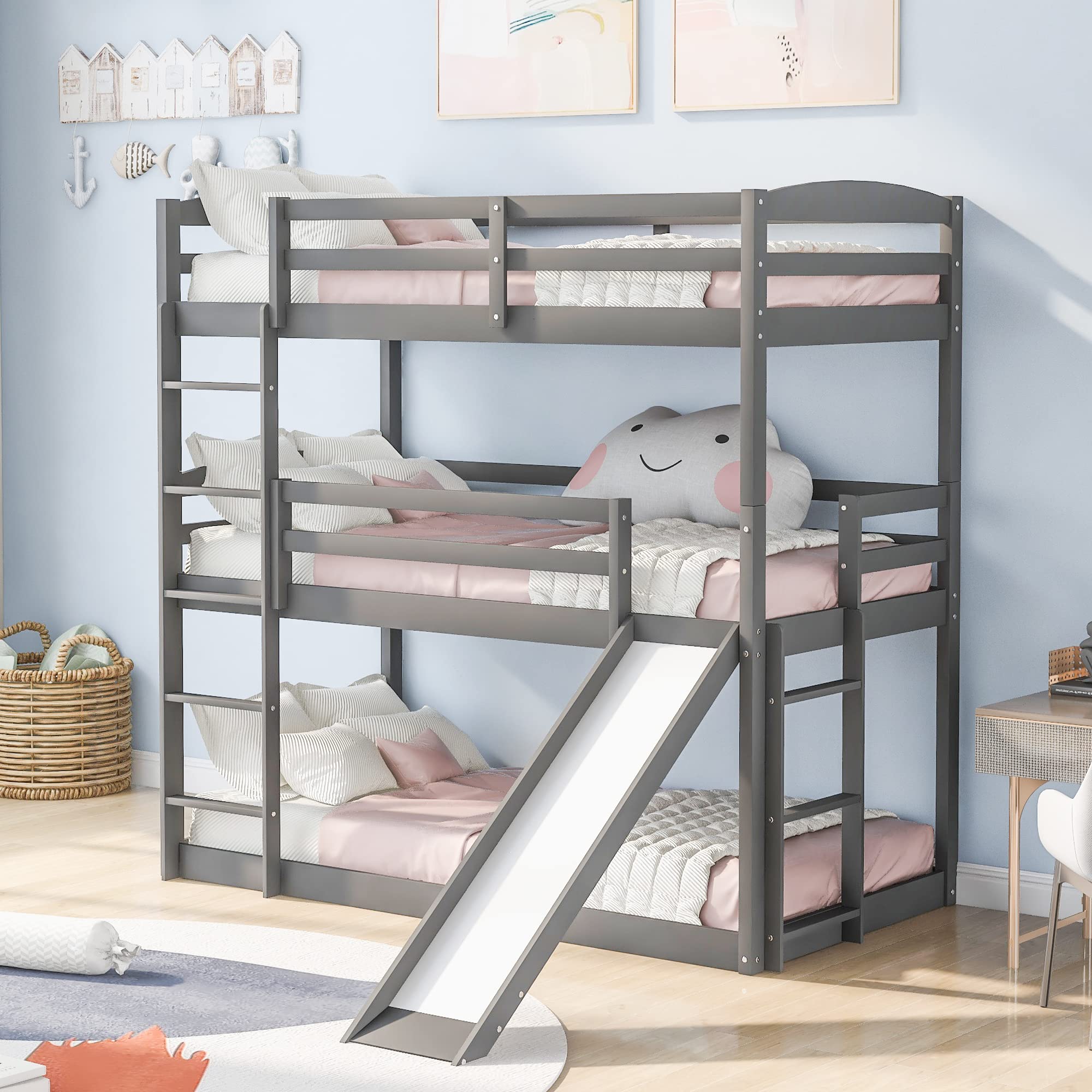 Solid Wood Triple Bunk Bed with Slide - Twin Over Twin Over Twin Bunk Bed Frame for Kids, Teens & Adults - Sturdy Triple Bunk Beds for Bedroom, Dormitory or Vacation Homes - Perfect for Space-Saving & Fun Sleepovers (Gray Finish)