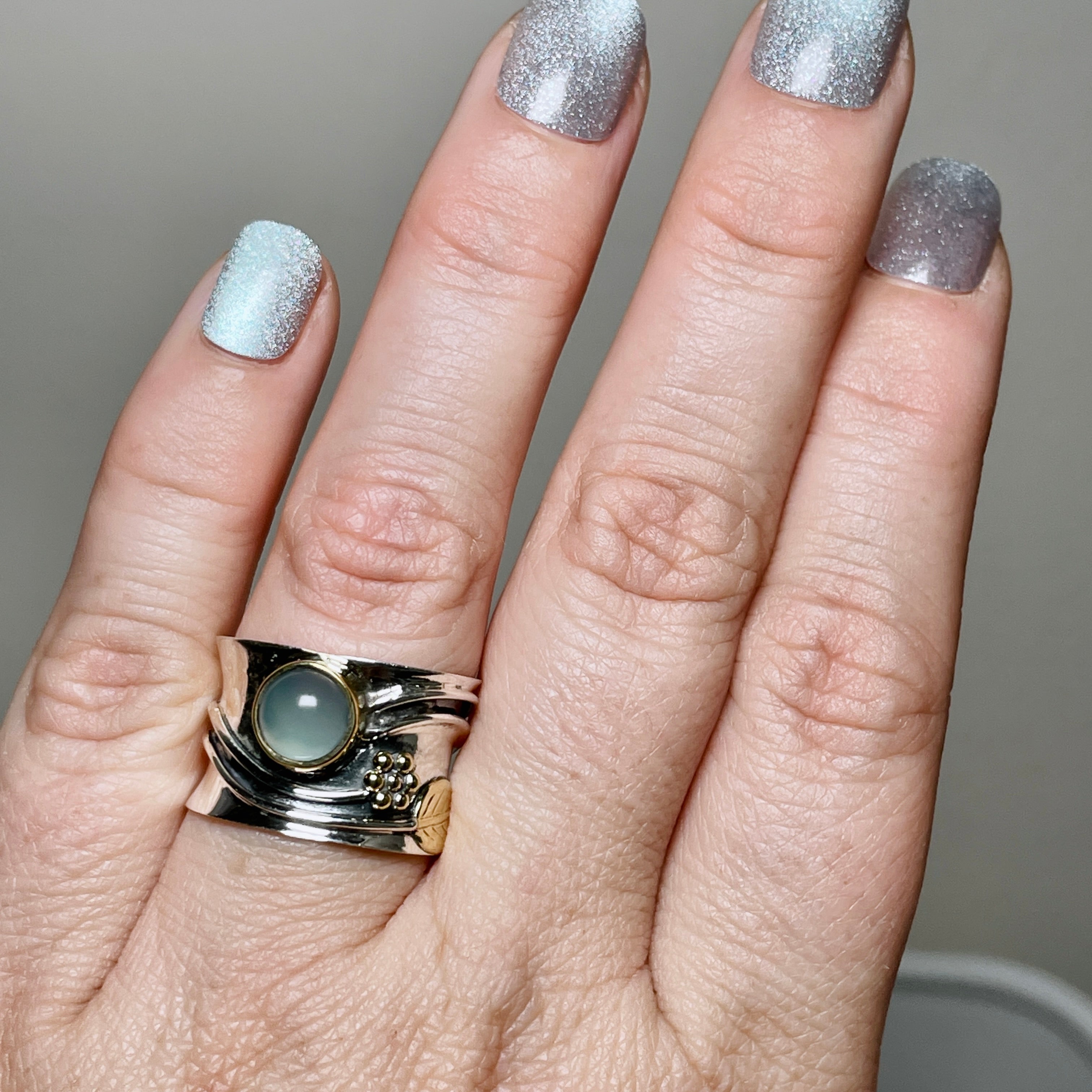Blue Chalcedony Round Cabochon Ring - Sterling Silver Decorative Setting R4198 | Elegant Jewelry for Women, Perfect for Weddings & Special Occasions