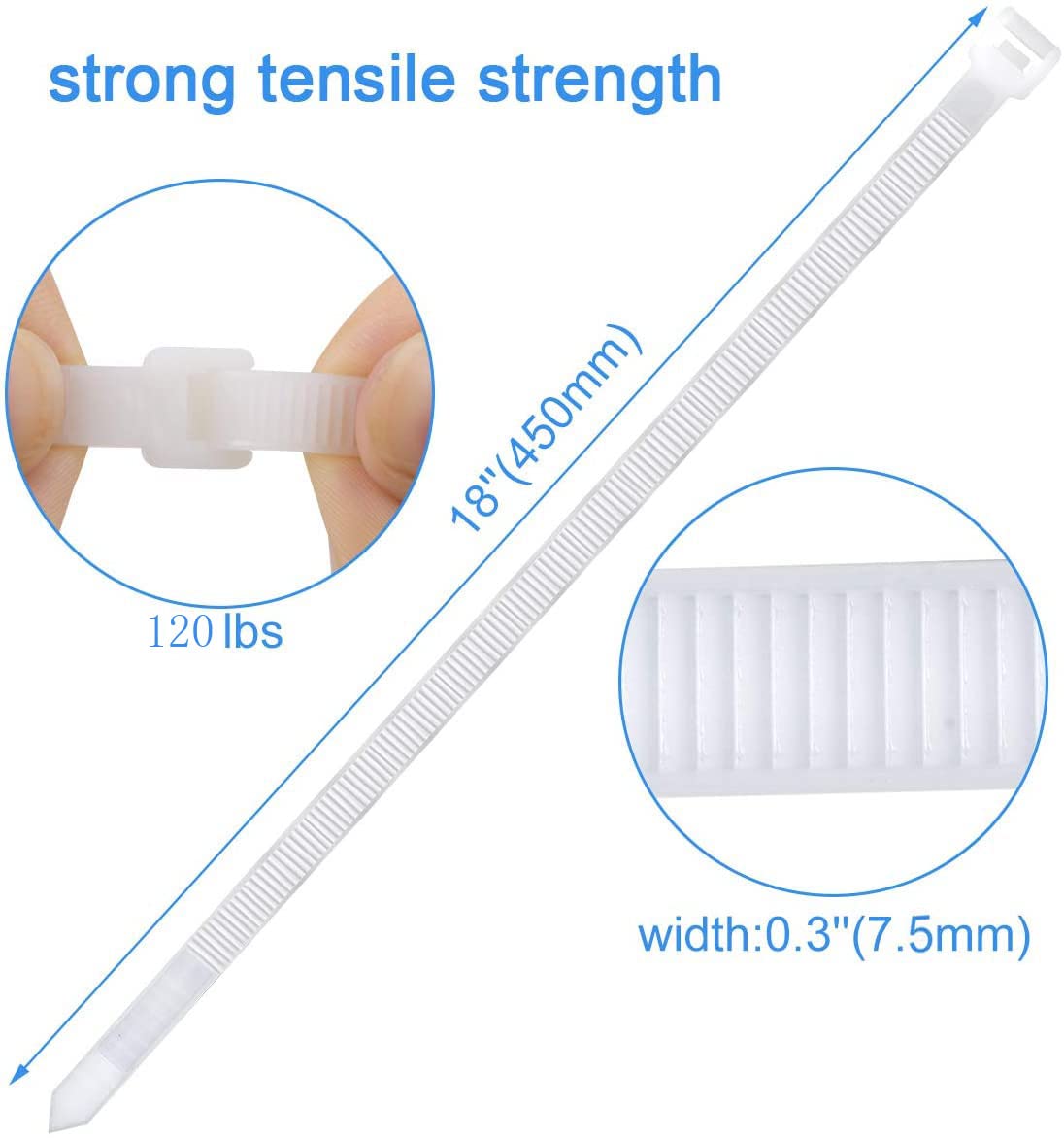 Heavy Duty 18-Inch White Cable Ties - 60 Pack with 120 lbs Tensile Strength for Outdoor, Electrical, and Industrial Use - Secure Wires, Bundles, and Pipes