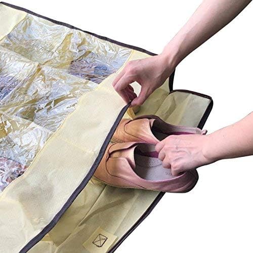 12-Cell Clear Underbed Shoe Storage Organizer for Men & Women - Space-Saving Beige Shoe Bag for Sneakers, Sandals & Boots | Perfect for Bedroom, Closet & Dorm Organization