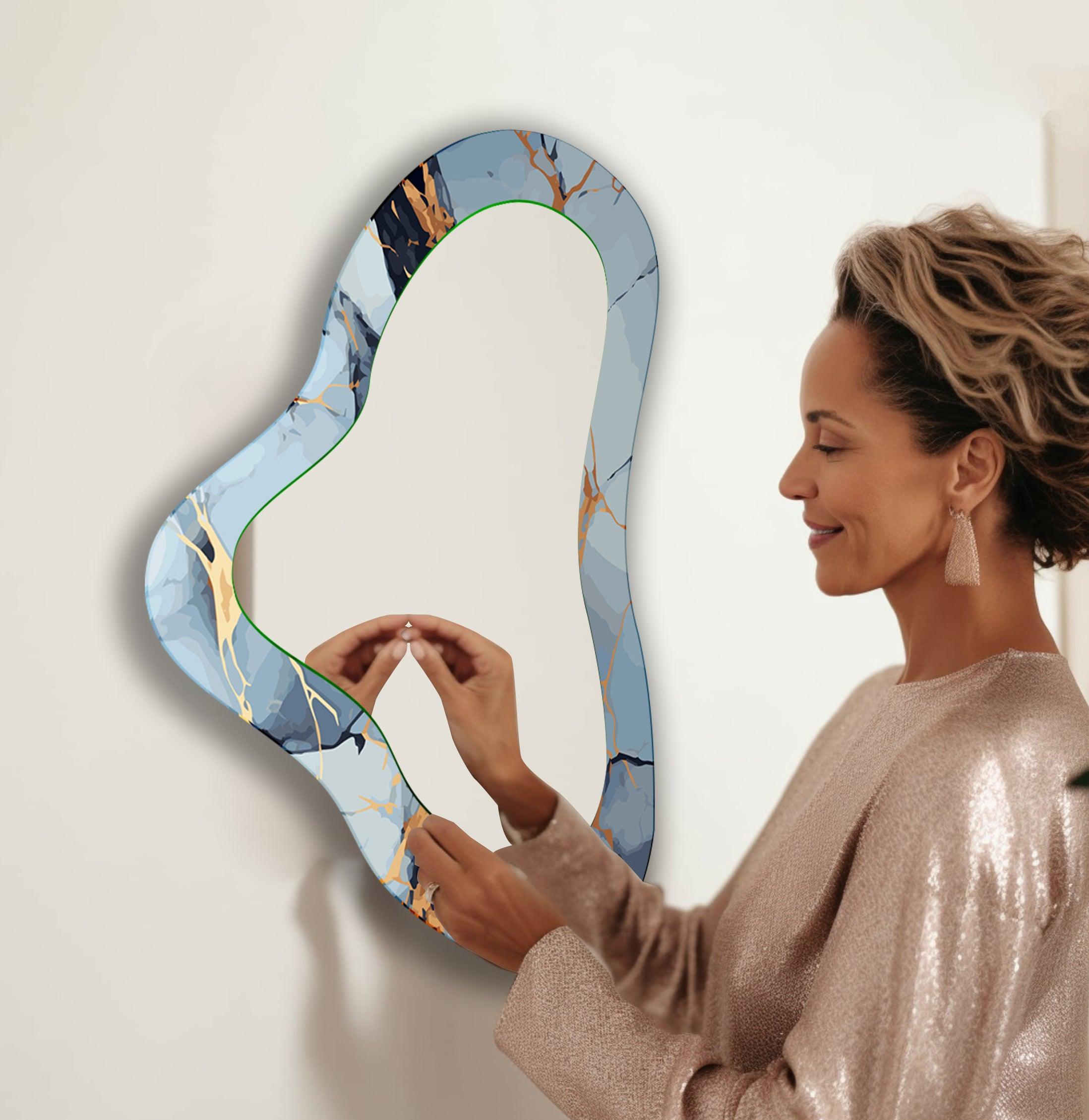 Blue Marble Asymmetrical Glass Wall Mirror - Modern Decorative Mirror for Living Room, Bedroom & Entryway - Unique Handcrafted Home Decor Accent Piece