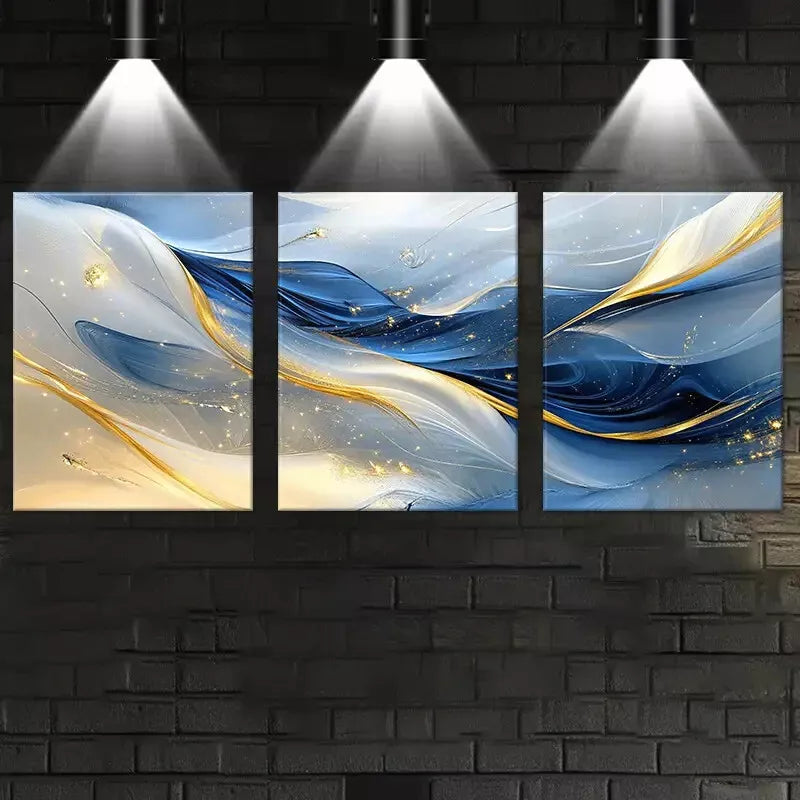 3-Piece Elegant Abstract Blue & Gold Line Wall Art Set - Framed Canvas 50x70cm (20x28in) - High Quality Print - Ready to Hang - Australian Made - Perfect for Living Room, Bedroom & Office Decor