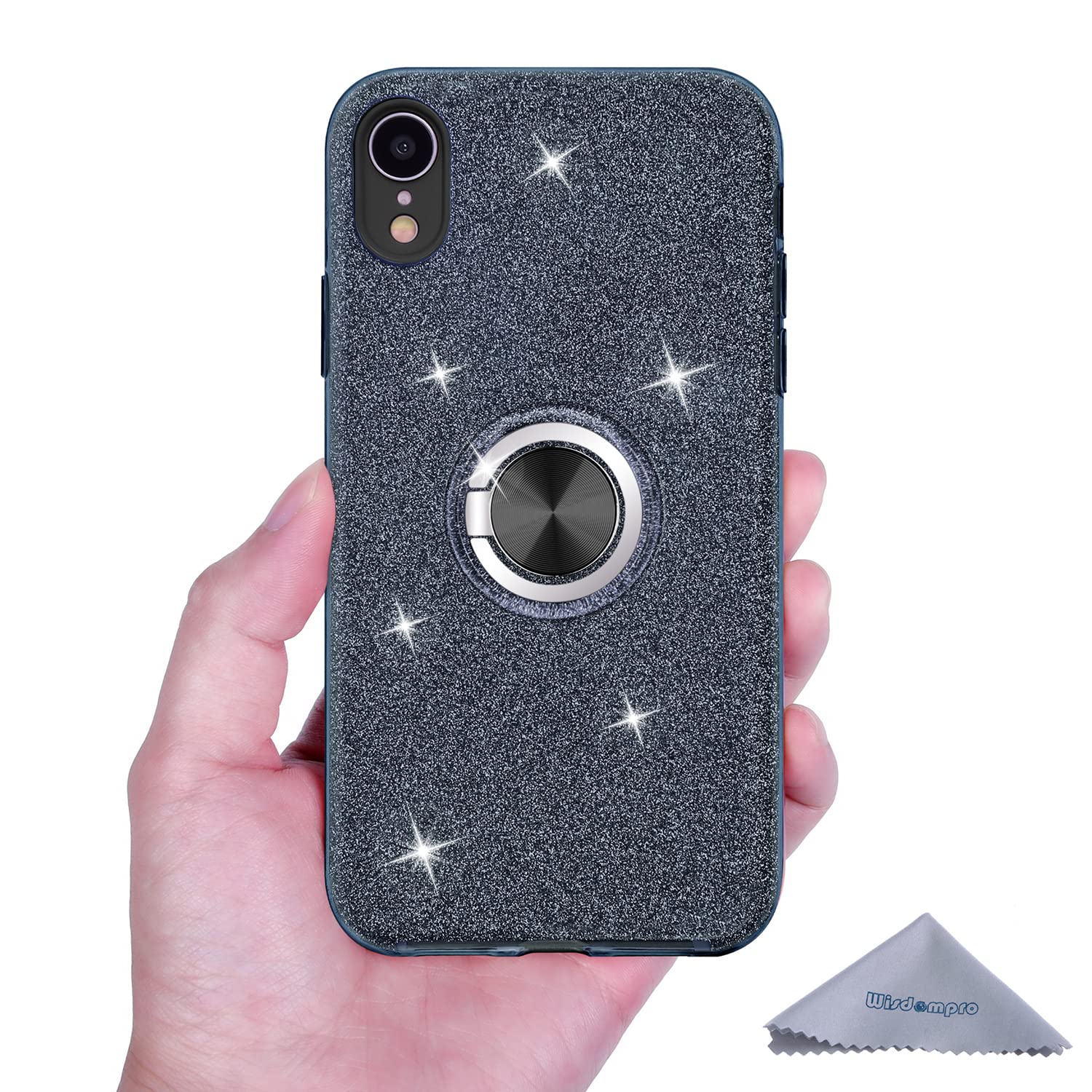 Wisdompro Sparkle Glitter Bling Protective Case with Ring Kickstand for iPhone XR 6.1 Inch - Cute Women Girls Phone Cover in Black | Perfect for Daily Use, Work, and Travel
