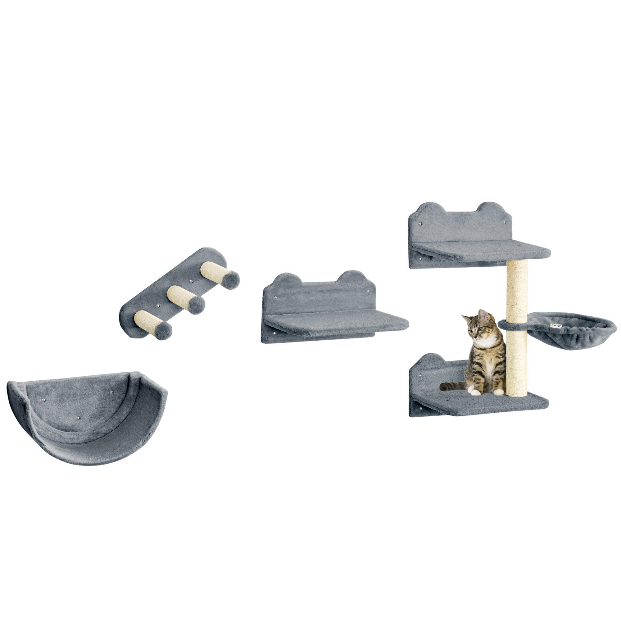 4-Piece Cat Wall Shelves Set with Hammock, Scratching Post & 3 Steps - Climbing Perch for Cats to Sleep & Play - Space-Saving Gray Cat Furniture for Small Apartments & Pet-Friendly Homes