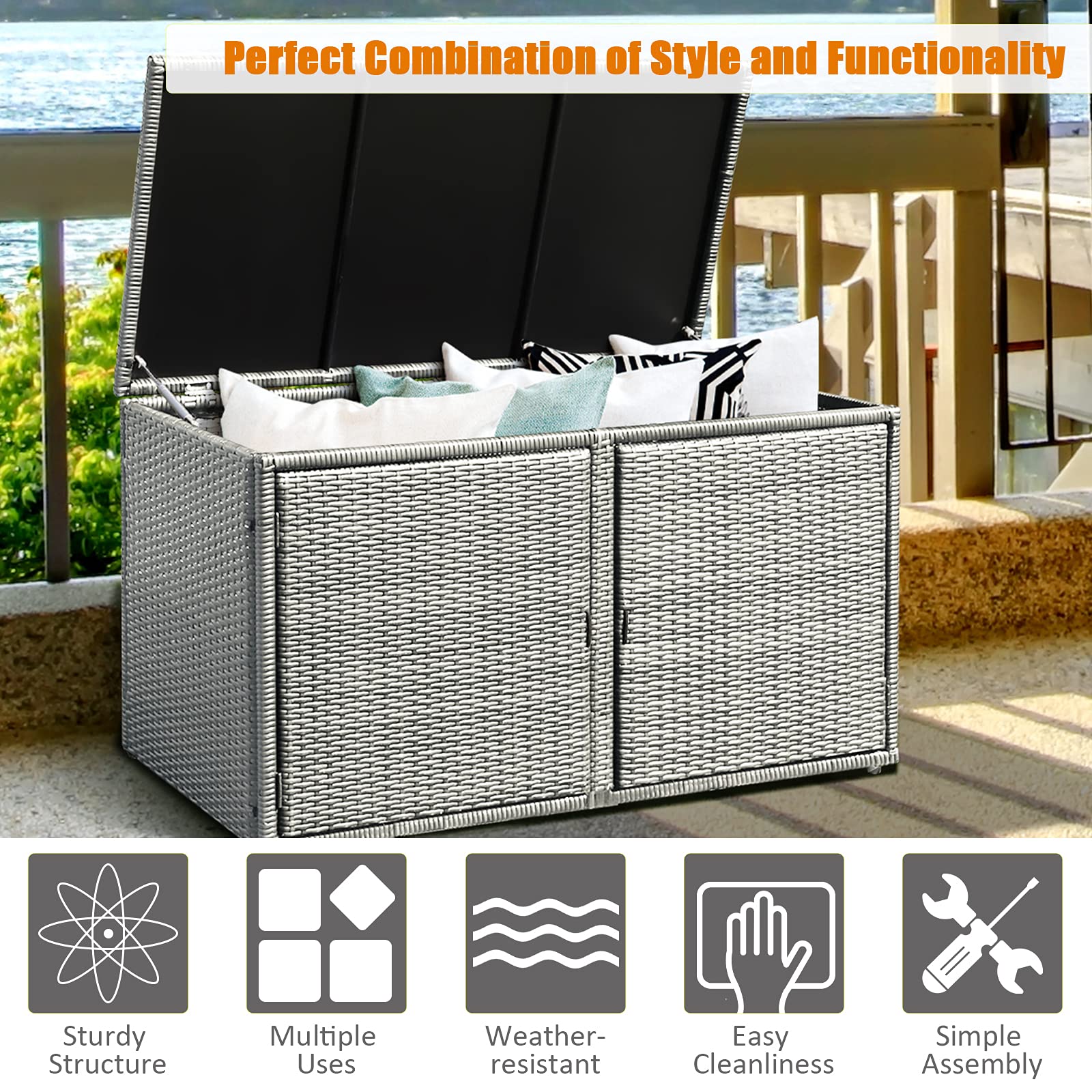 Outdoor Deck Box with Steel Frame & Rattan Wicker - Waterproof Patio Storage for Pool Toys, Garden Tools & Furniture - Perfect for Balcony, Porch & Yard Organization