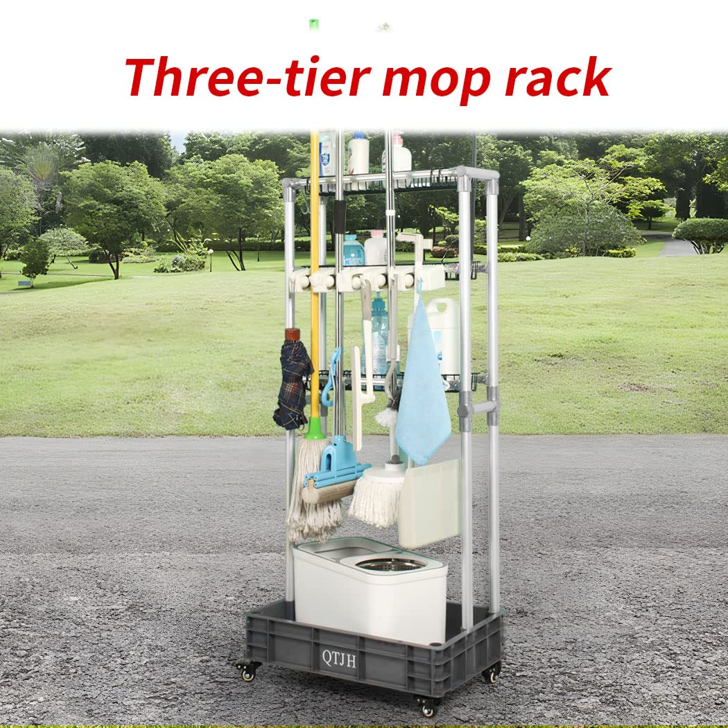 Steel Wire Storage Shelf & Broom Mop Holder - Heavy Duty Janitorial Cart Organizer for Cleaning Supplies | Perfect for Home, Garage & Commercial Use