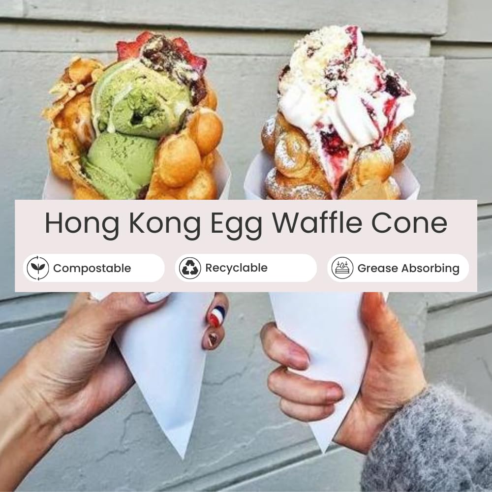 Hong Kong Egg Waffle Cones [Pack of 100] – White, Food Safe Heavy Duty Cardboard, Disposable Dessert Cones for Waffles, Funnel Cakes, Ice Cream & Snacks | Perfect for Street Food Vendors, Takeaway Packaging & Party Serving