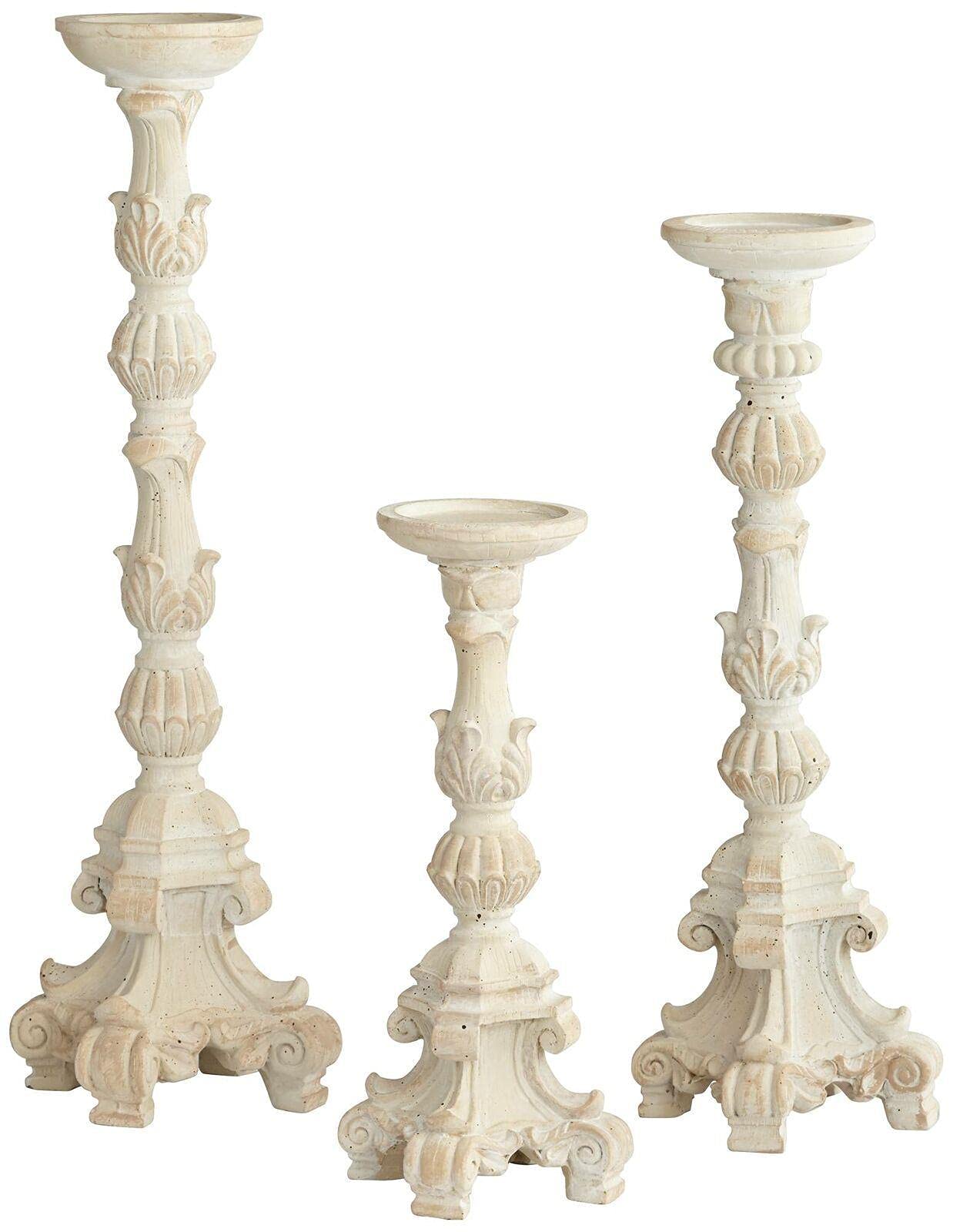 Whitewashed Carved Pillar Candle Holders Set of 3 - Elegant Table Centerpiece for Halloween, Christmas & Wedding Decor - Rustic Candle Stand for Dining Room, Mantel & Party Decorations