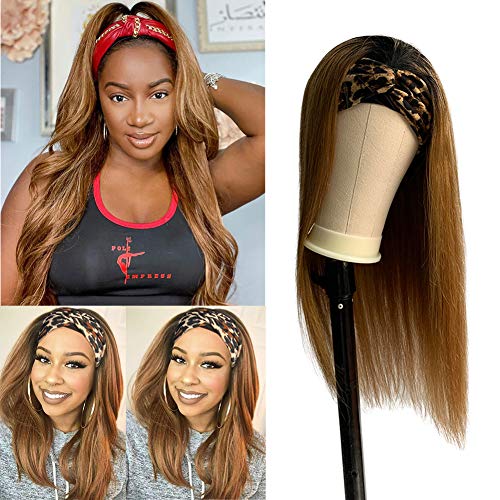 22 Inch Long Straight Human Hair Headband Wig 1B30 No Lace Front Ombre - 150% Density Machine Made Scarf Wig with 3 Free Scarves (Natural Black to Medium Auburn) for Black Women | Perfect for Daily Wear, Parties & Protective Styling