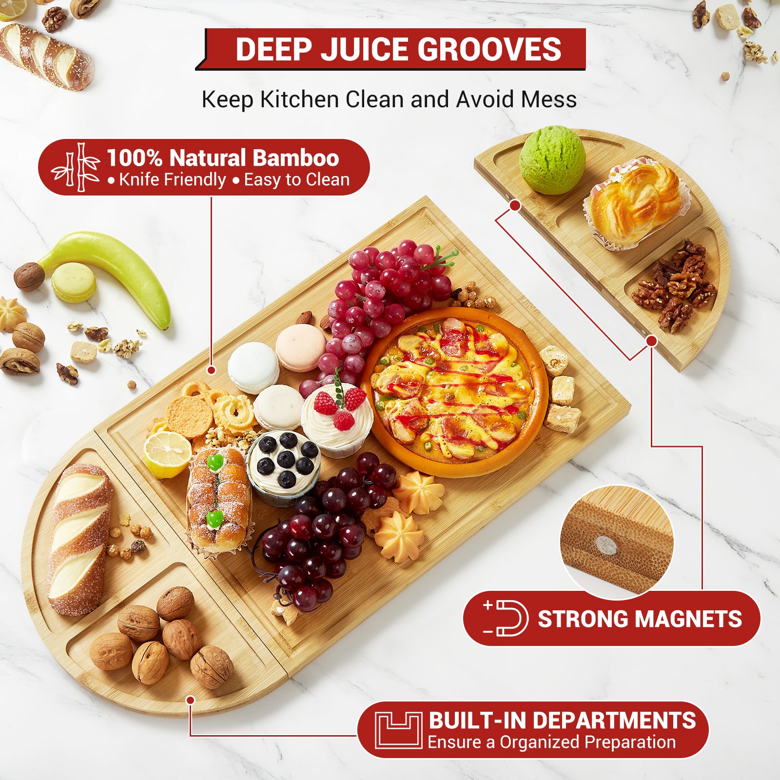 GARVEE 3-Piece Magnetic Bamboo Cheese Board Set - Large Wooden Cutting Board with Deep Juice Groove - Perfect for Kitchen, Meal Prep & Entertaining - Ideal for Charcuterie, Cheese Platters & Food Presentation