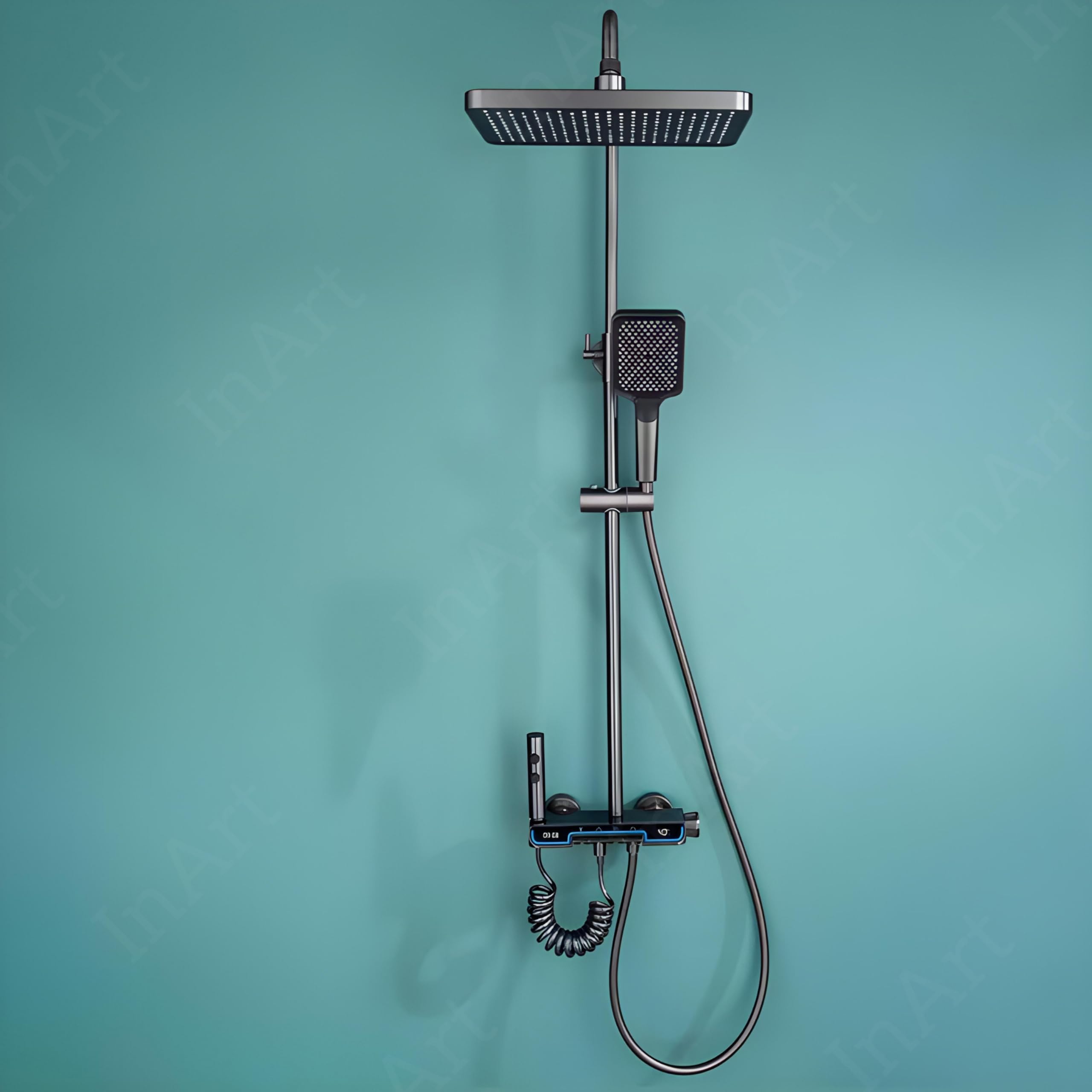 Premium InArt Solid Brass Circular Thermostatic Shower Panel Set with Digital Temperature Display - 4-Function Shower System (Hand Shower, Rainfall Shower, Spout, Health Faucet) in Matte Black - Perfect for Modern Bathrooms & Spa-Like Experience