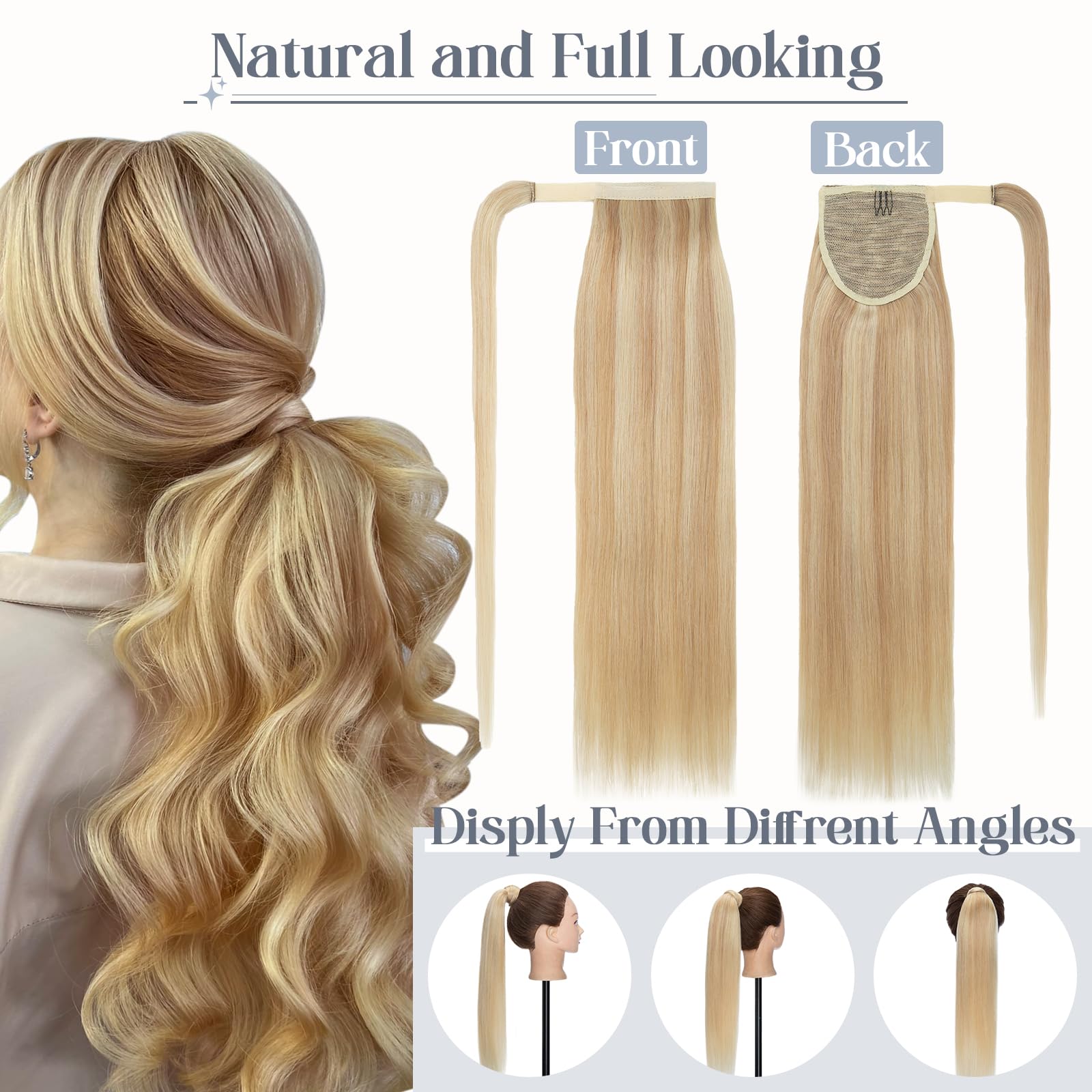 20 Inch Real Human Hair Ponytail Extensions - #18P613 Ash Blonde & Bleach Blonde Wrap Around Clip In Ponytail for Women (90g) | Long Straight Hairpiece for Parties, Weddings & Daily Styling