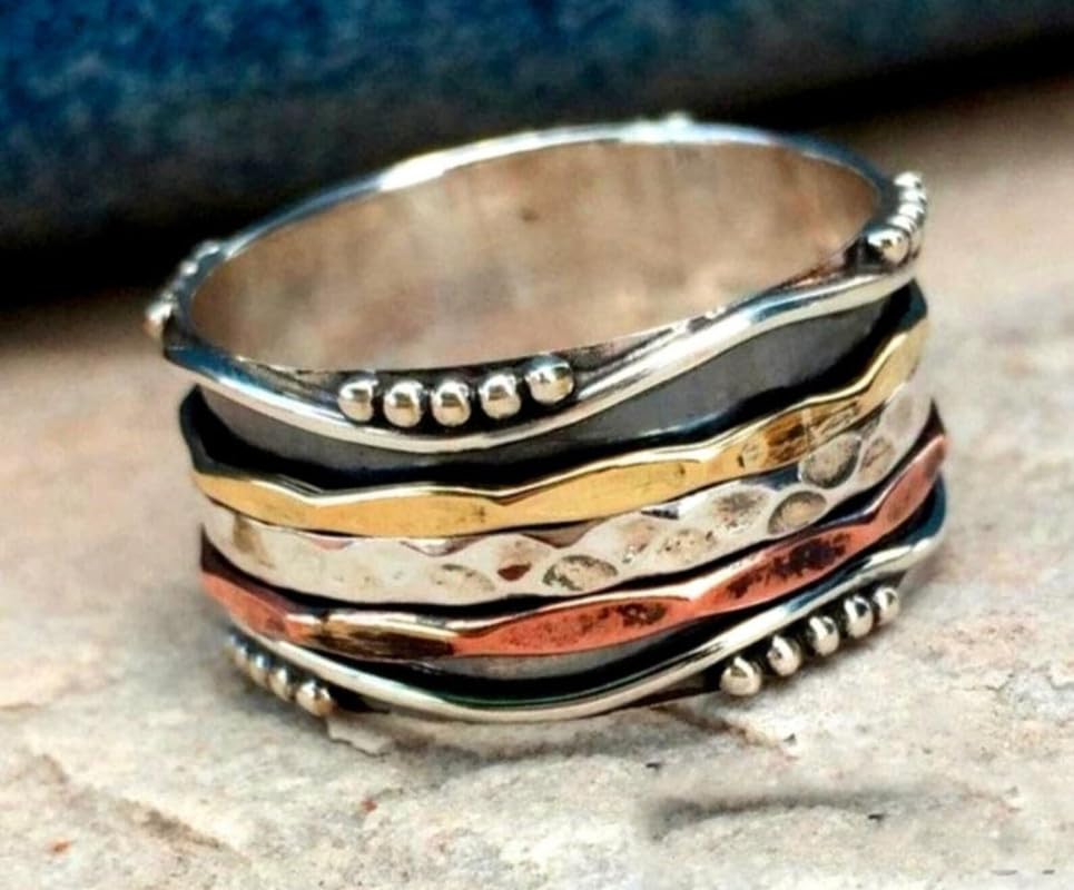 925 Sterling Silver Spinner Ring for Women - Handmade Three-Tone Worry Ring, Fidget Ring & Meditation Jewelry | US Size 9 Yoga Spinner Ring, Thumb Ring & Promise Ring | Perfect Gift for Her, Stress Relief & Anxiety Relief Jewelry