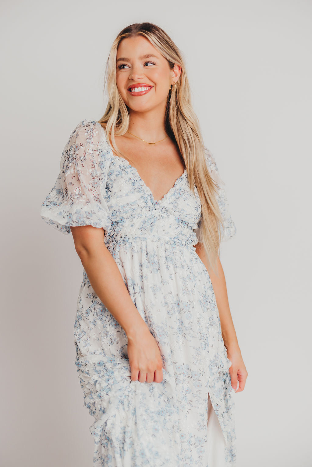 Blue and White Floral Daphne High Slit Eyelet Detail Maxi Dress - Plus Size & Inclusive Sizing - Perfect for Summer Weddings, Beach Vacations & Date Nights