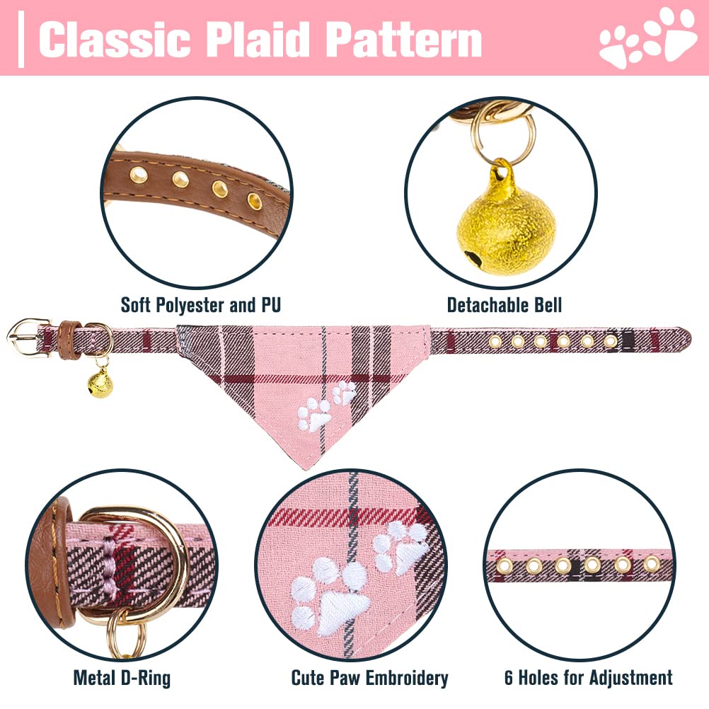 EXPAWLORER Dog Collar and Leash Set - Embroidered Paw Print Plaid Dog Collar with Adjustable Leash, Matching Bow Tie & Bandana, Bell Included for Small to Medium Dogs - Perfect for Outdoor Walks, Training & Pet Fashion (Pink)
