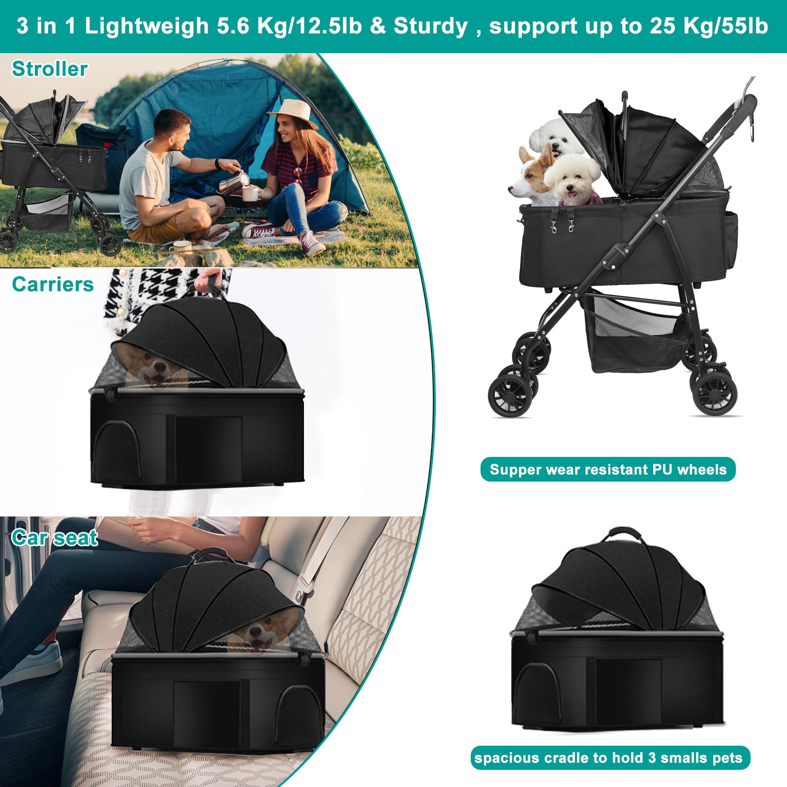 MILA&LOUIS Medium Dog Stroller with 4 Upgraded Wheels - Lightweight Pet Stroller for Small Dogs, Cup Holder & Hook - Detachable Spacious Cradle for Multiple Pets | Perfect for Park Walks, Vet Visits & Shopping Trips