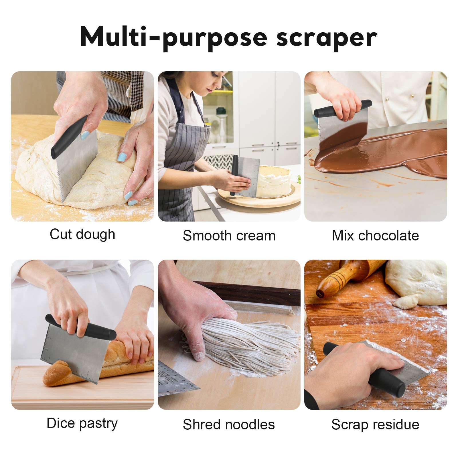 Stainless Steel Dough Scraper & Cutter with Measuring Marks - Multi-Purpose Metal Griddle Scraper, Pastry Chopper & Bench Scraper for Baking, Cooking - Perfect for Pizza Dough, Pastry Making & Kitchen Prep (1 Pack)