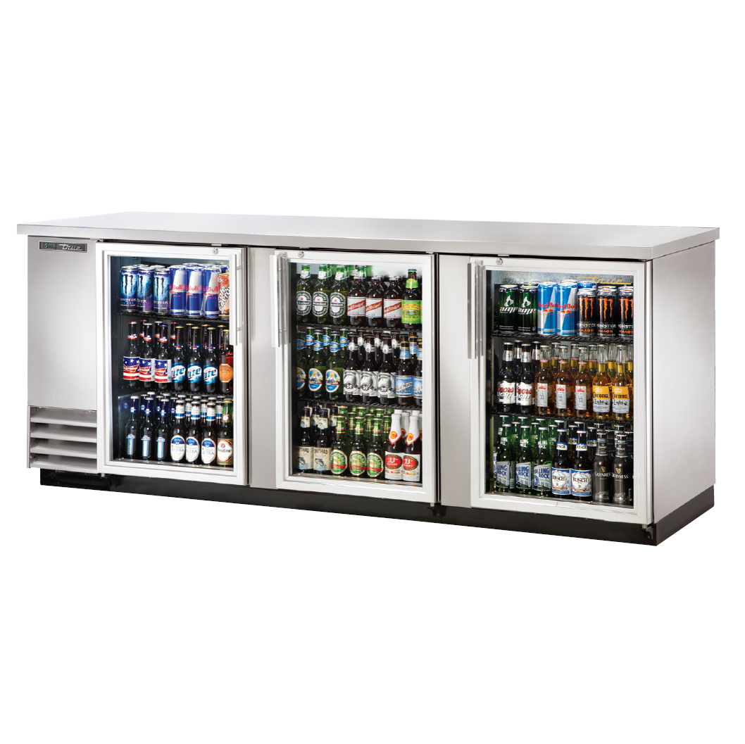 True 90 Back Bar Refrigerator - Commercial Stainless Steel 3 Glass Door Beer Cooler for Bars, Restaurants & Home Use